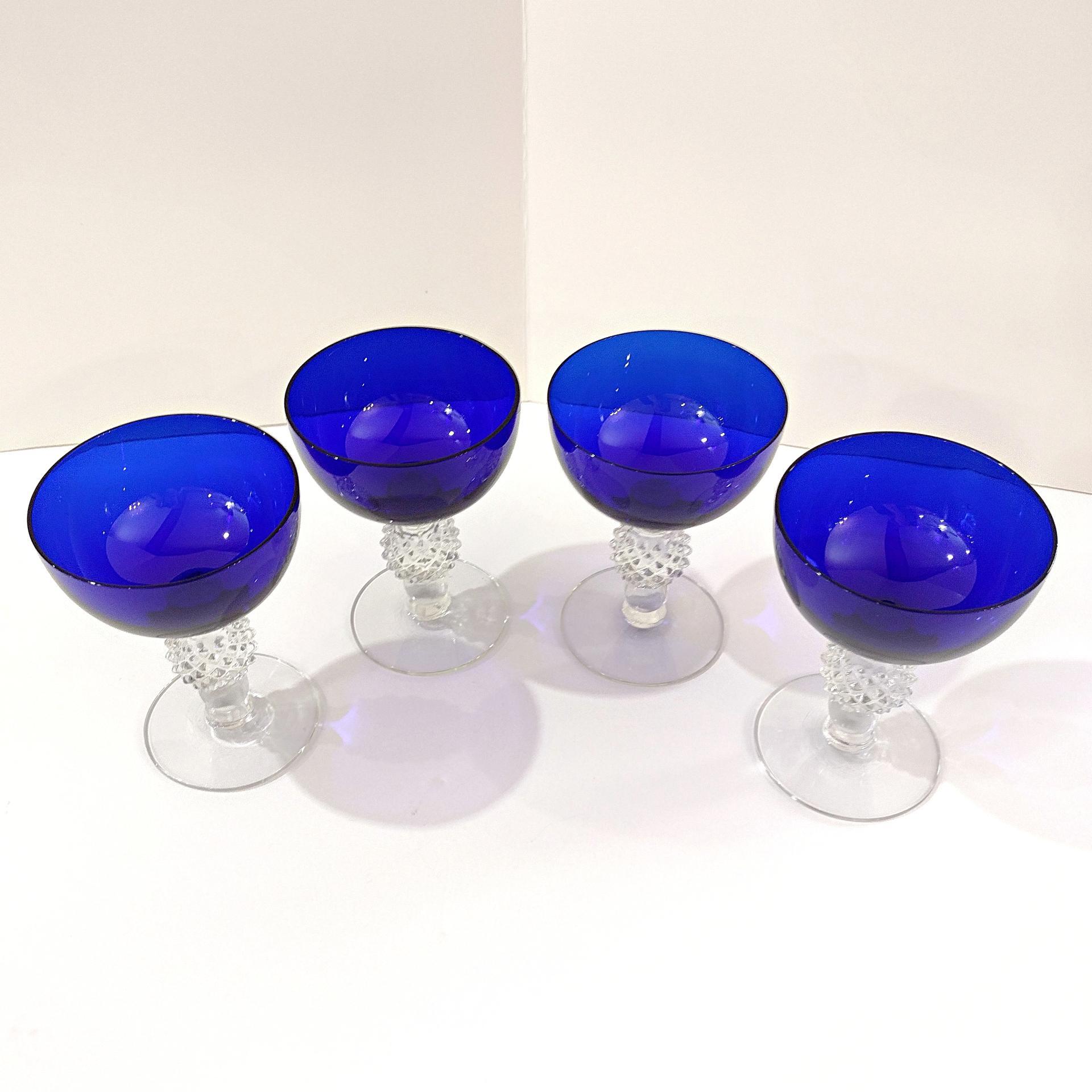 Vintage Morgantown Cobalt Blue Golf Ball Champagne Wine Tall Sherbet Glasses, Set of 4, Ritz Blue Coupe Glasses