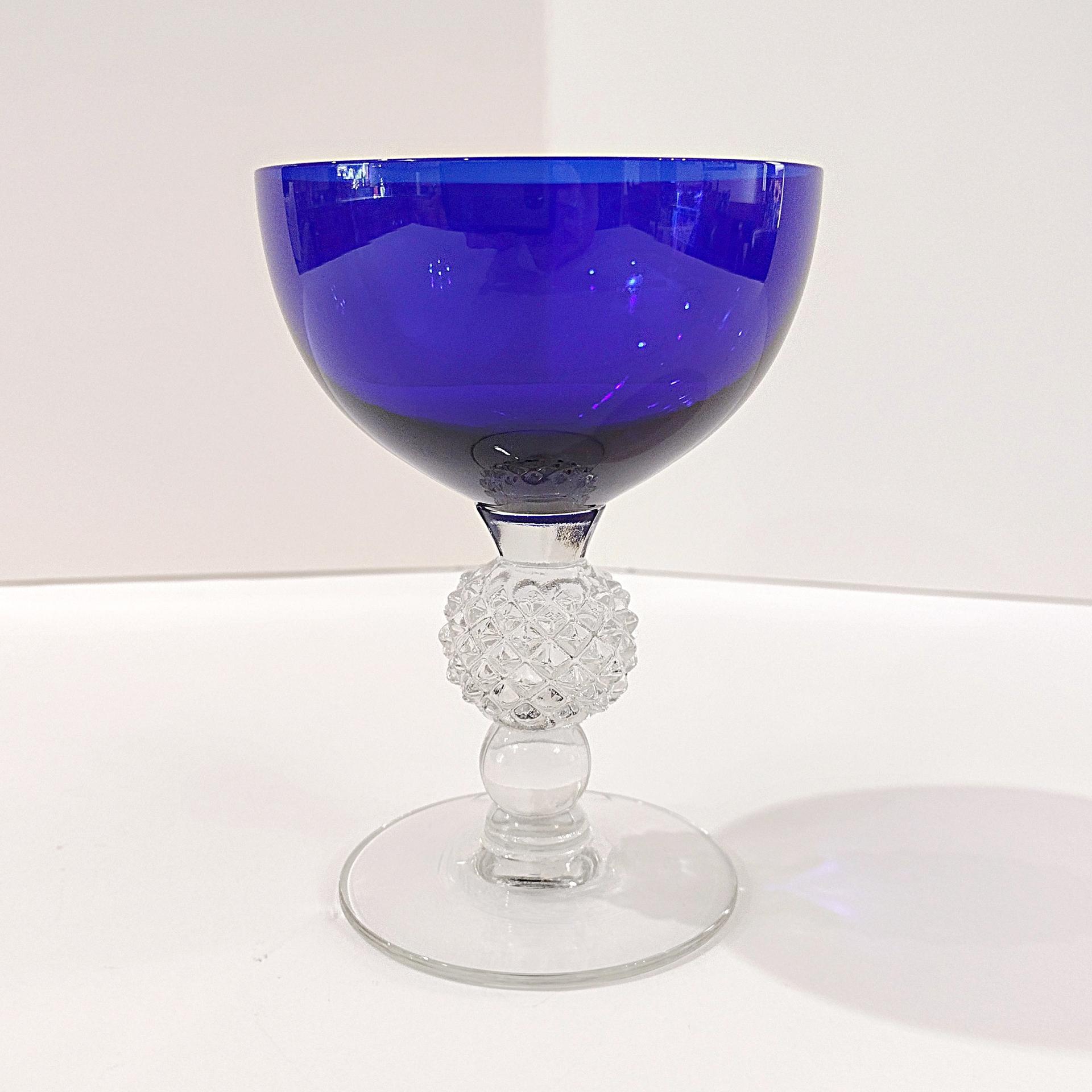 Vintage Morgantown Cobalt Blue Golf Ball Champagne Wine Tall Sherbet Glasses, Set of 4, Ritz Blue Coupe Glasses