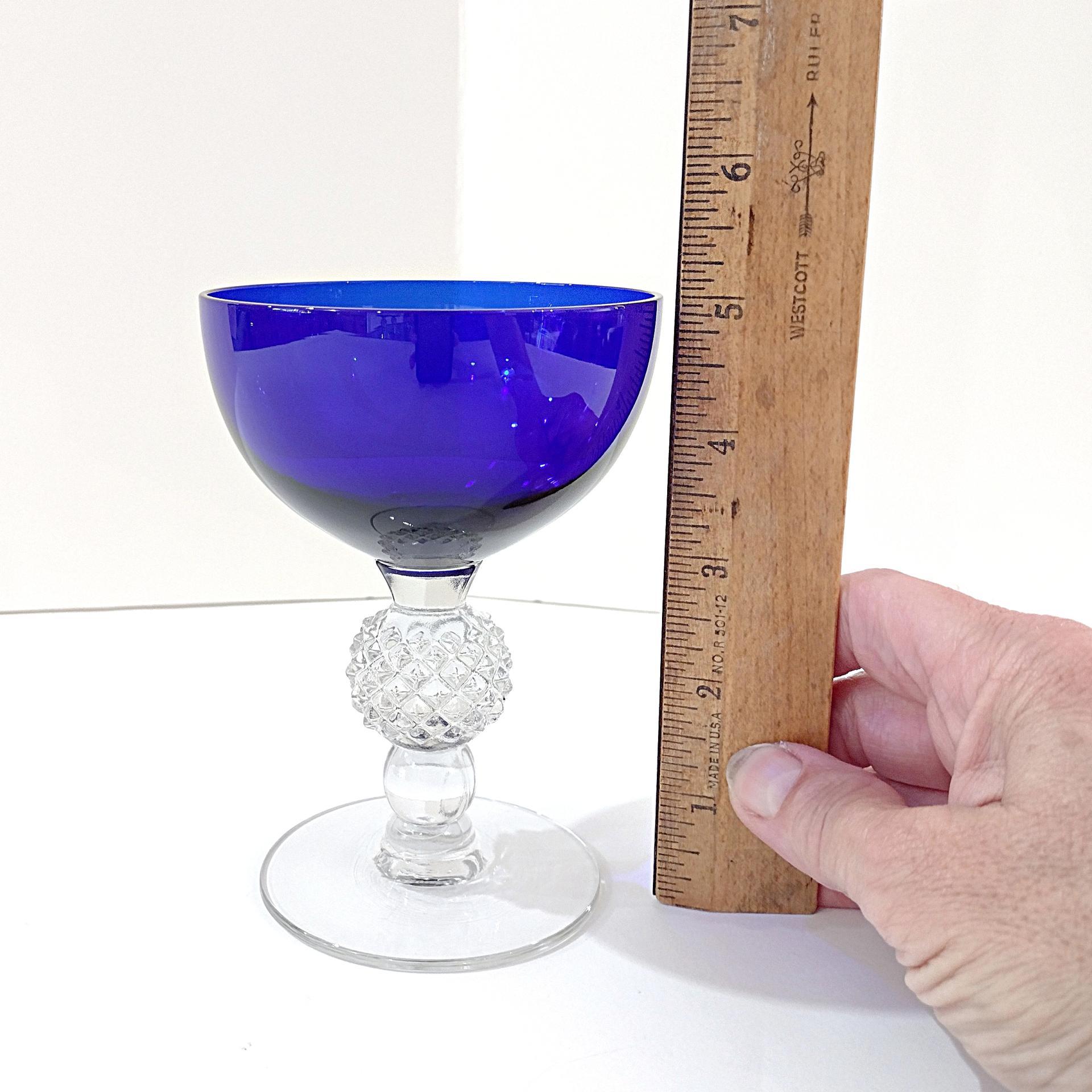 Vintage Morgantown Cobalt Blue Golf Ball Champagne Wine Tall Sherbet Glasses, Set of 4, Ritz Blue Coupe Glasses