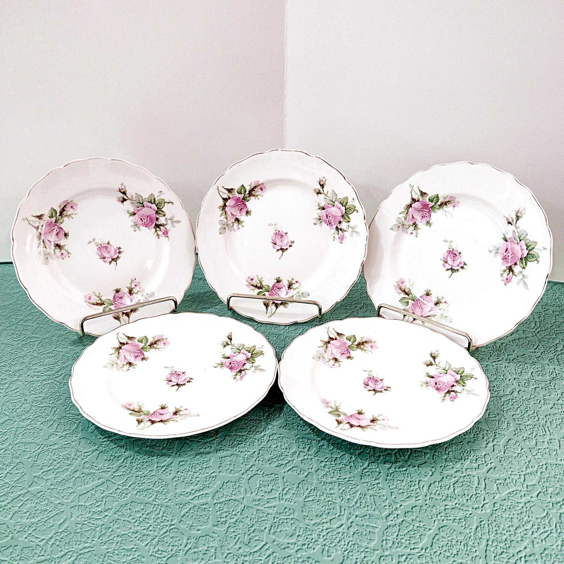Vintage Canonsburg Moss Rose Bread Appetizer Plates, Set of 5, Pink Floral MCM Plates