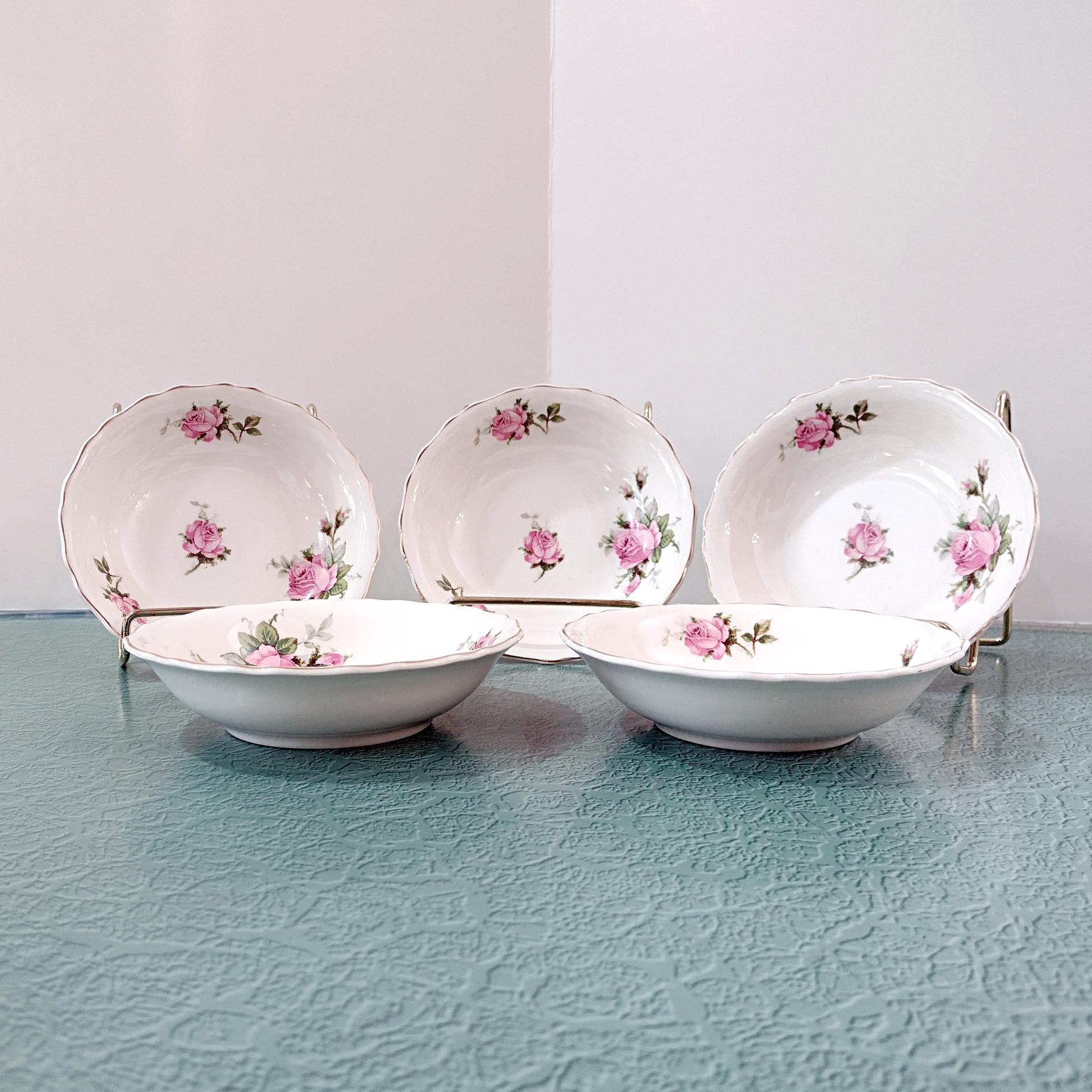 Vintage Canonsburg Moss Rose Dessert Fruit Bowls, Set of 5, MCM Pink Floral Trinket Jewelry Soap Dishes