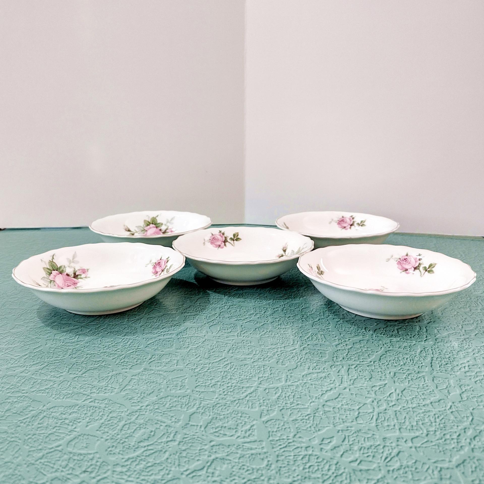 Vintage Canonsburg Moss Rose Dessert Fruit Bowls, Set of 5, MCM Pink Floral Trinket Jewelry Soap Dishes