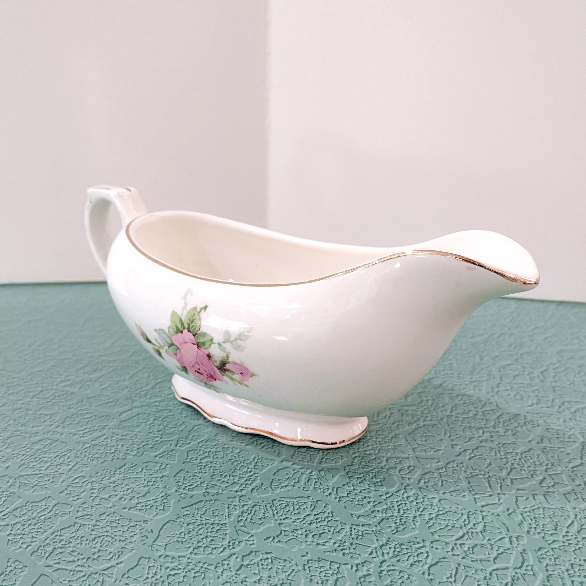 Vintage Canonsburg Moss Rose Gravy Boat Pitcher, MCM Pink Floral Sauce Boat