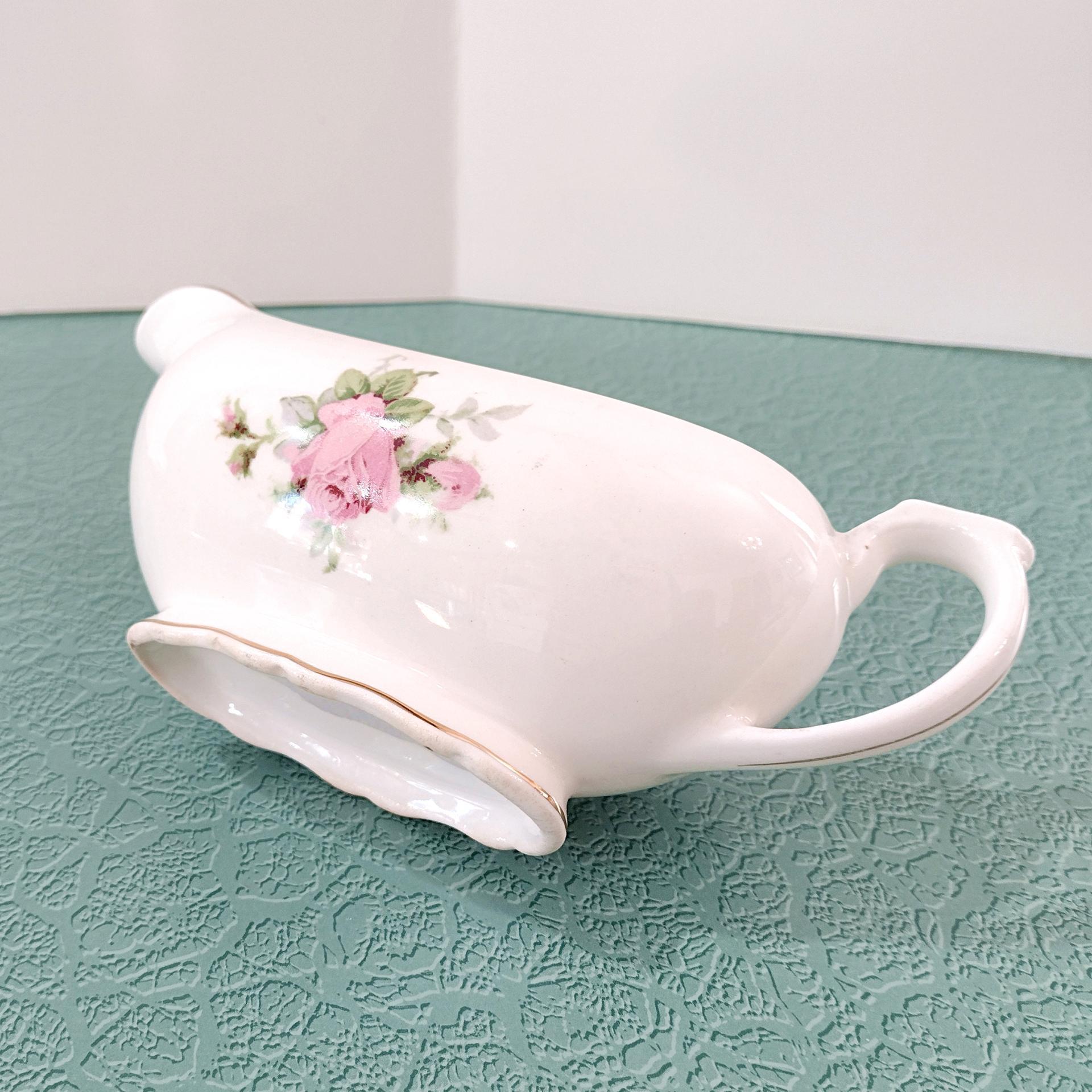 Vintage Canonsburg Moss Rose Gravy Boat Pitcher, MCM Pink Floral Sauce Boat