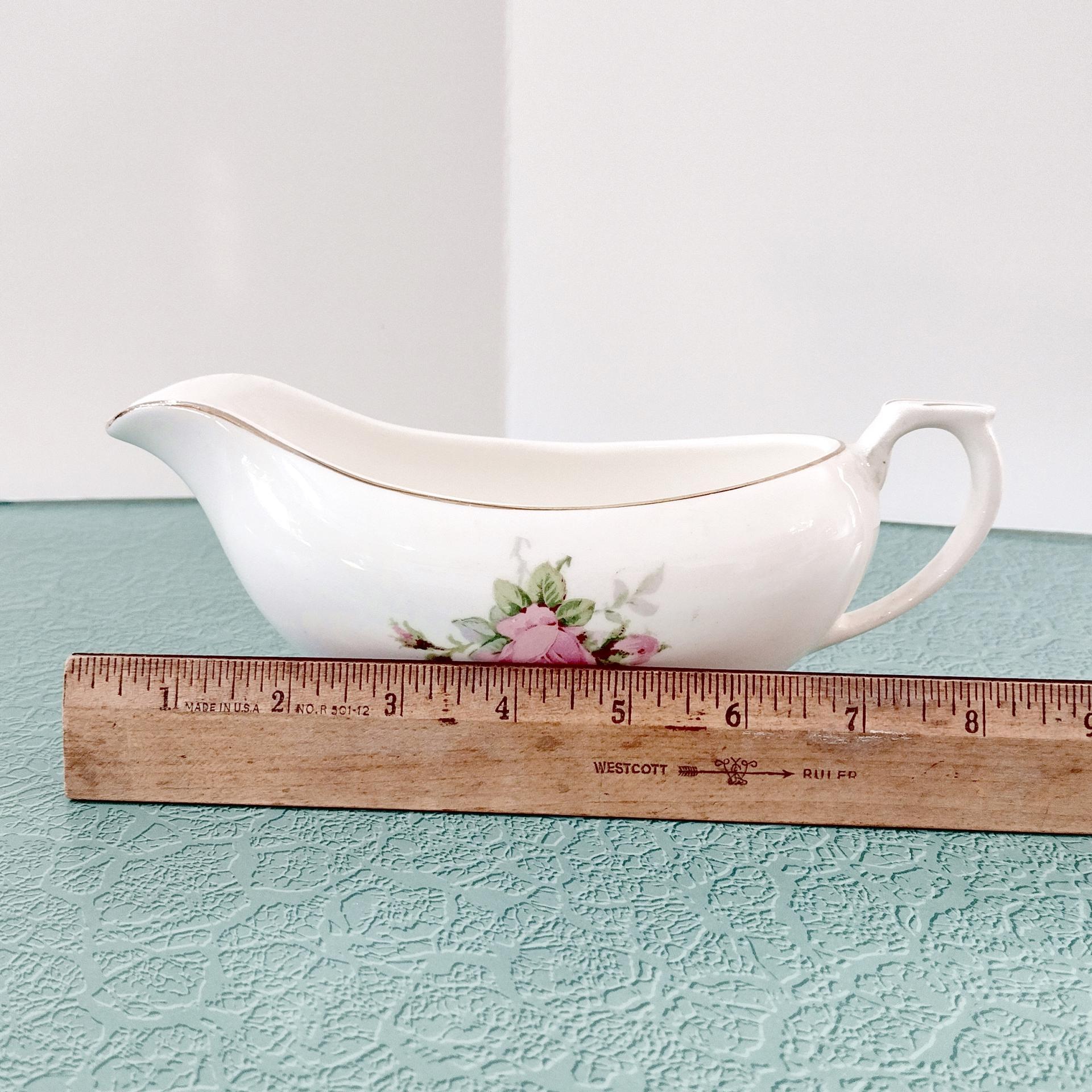 Vintage Canonsburg Moss Rose Gravy Boat Pitcher, MCM Pink Floral Sauce Boat