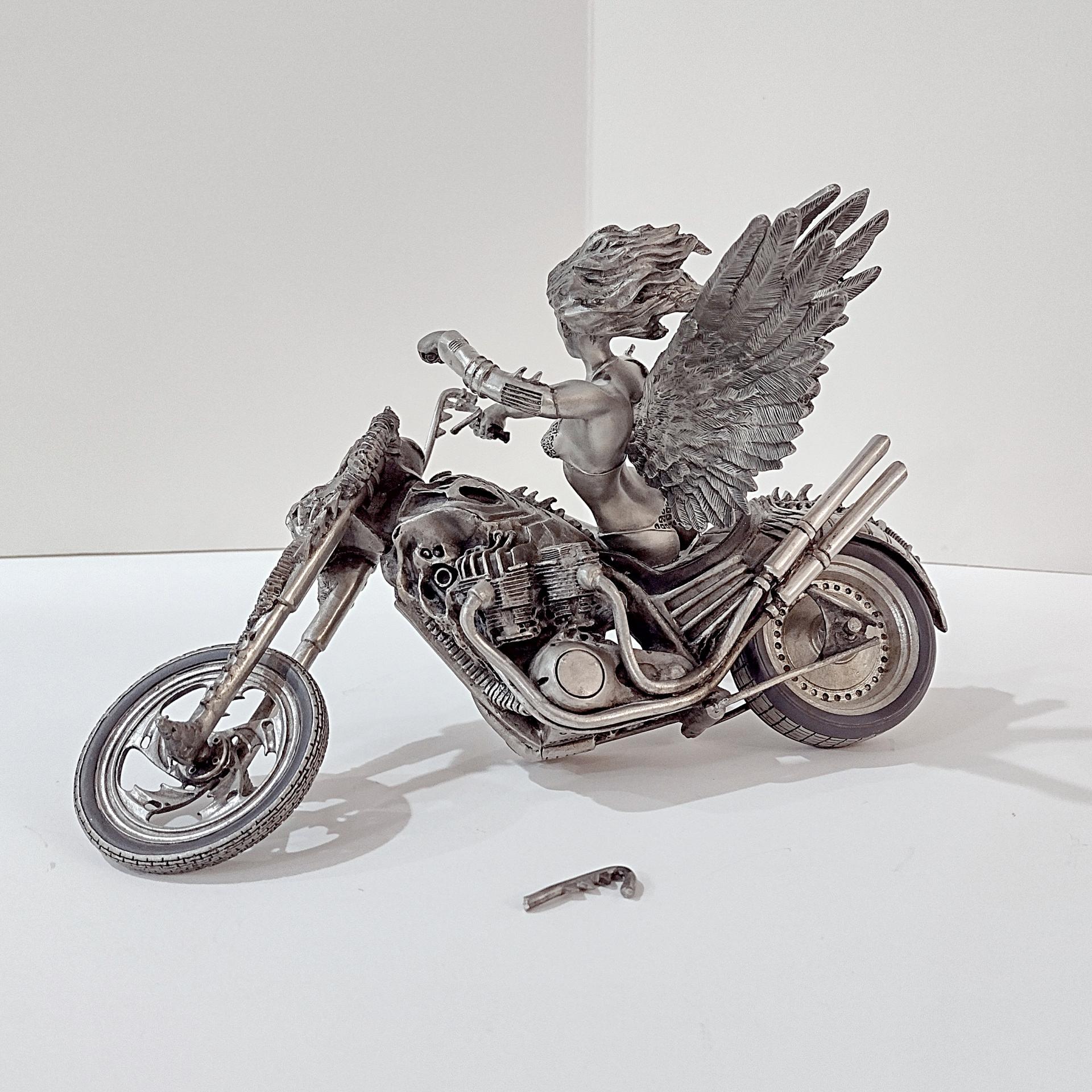Vintage Franklin Mint Temptation Rides Pewter Statue, Julie Bell 1999 Motorcycle Angel Figurine