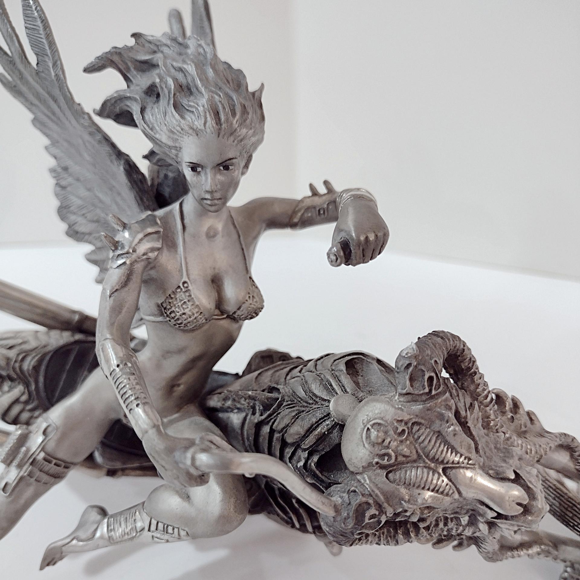 Vintage Franklin Mint Temptation Rides Pewter Statue, Julie Bell 1999 Motorcycle Angel Figurine