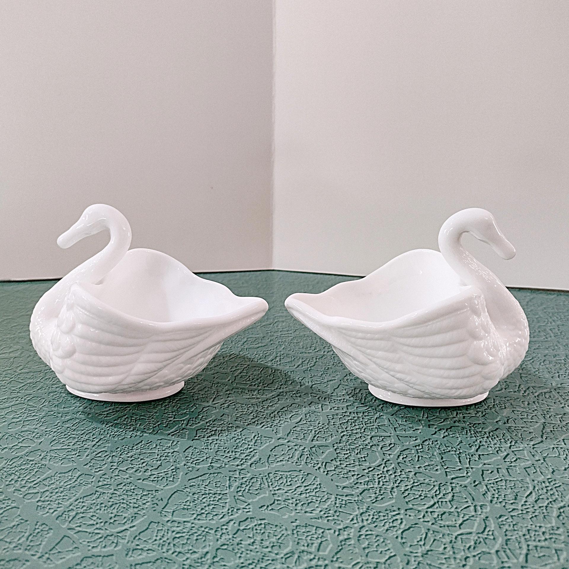 Vintage Imperial Milk Glass Swan Figurative Bowls, Swan Trinket Candy Dishes, Set of 2