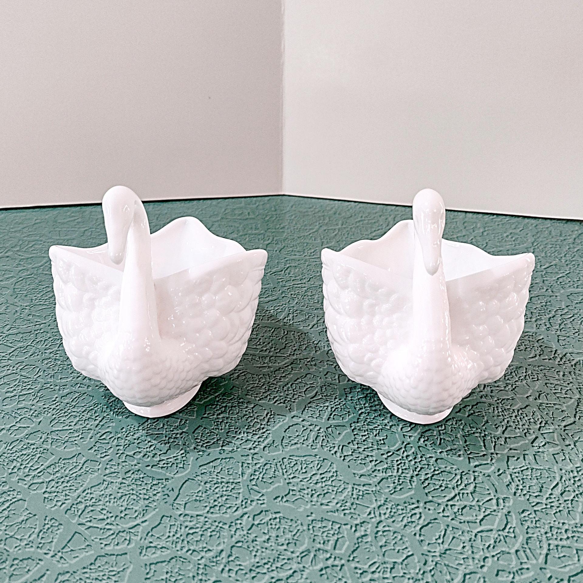 Vintage Imperial Milk Glass Swan Figurative Bowls, Swan Trinket Candy Dishes, Set of 2