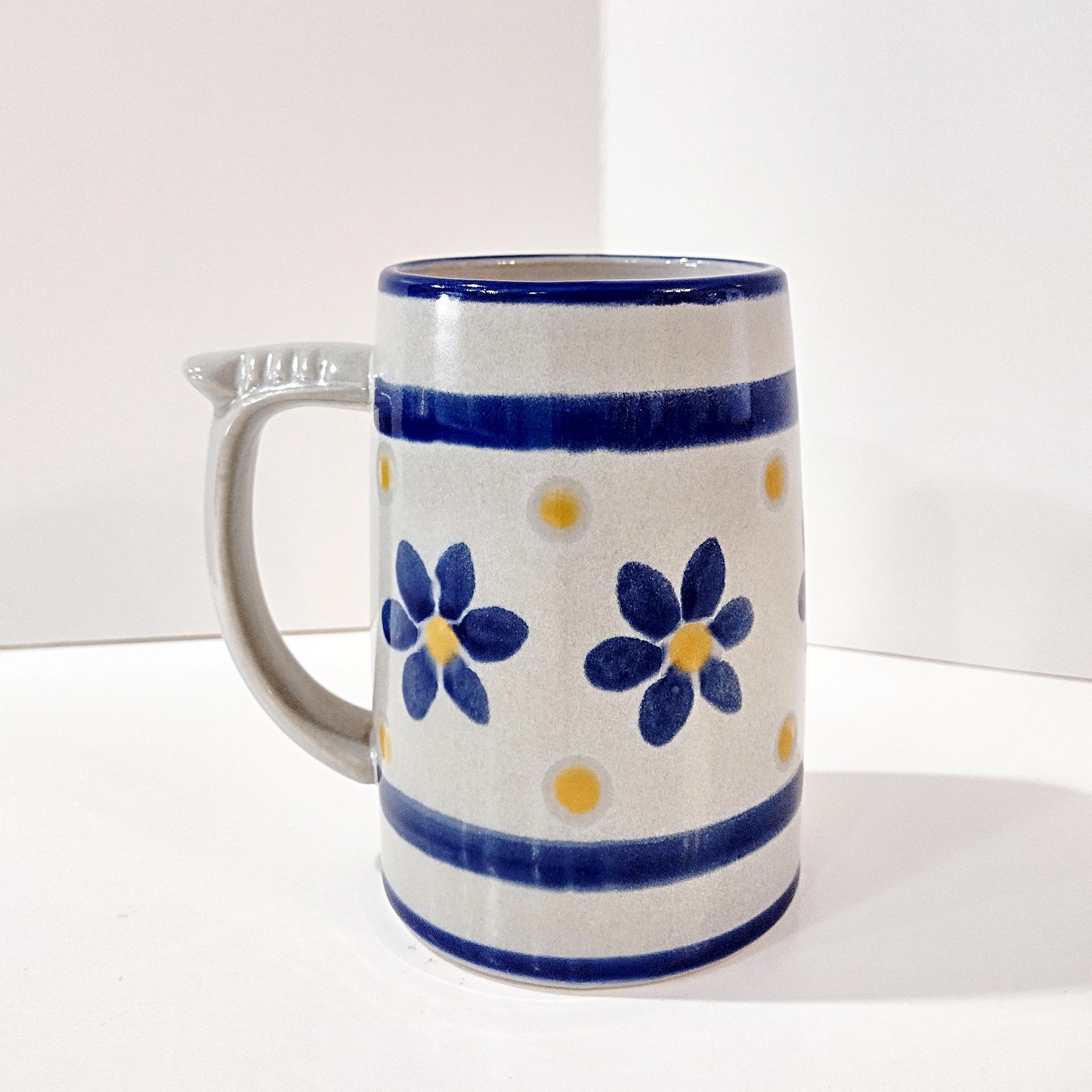 Vintage Blue and Yellow Flower Ceramic Oversized Coffee Tea Mug, Large Handcrafted Pottery Mug