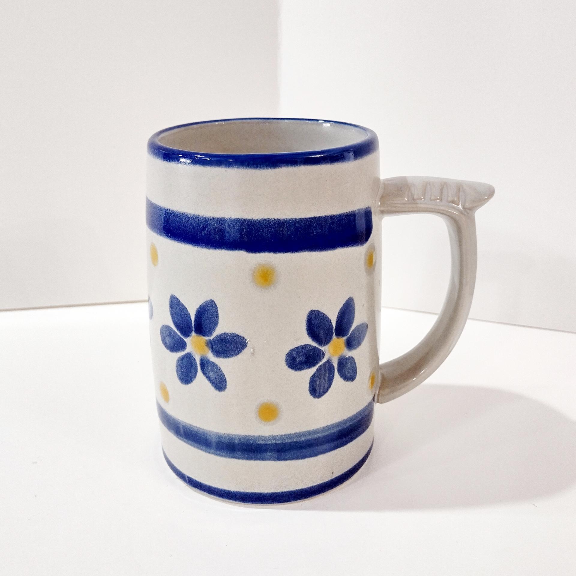 Vintage Blue and Yellow Flower Ceramic Oversized Coffee Tea Mug, Large Handcrafted Pottery Mug