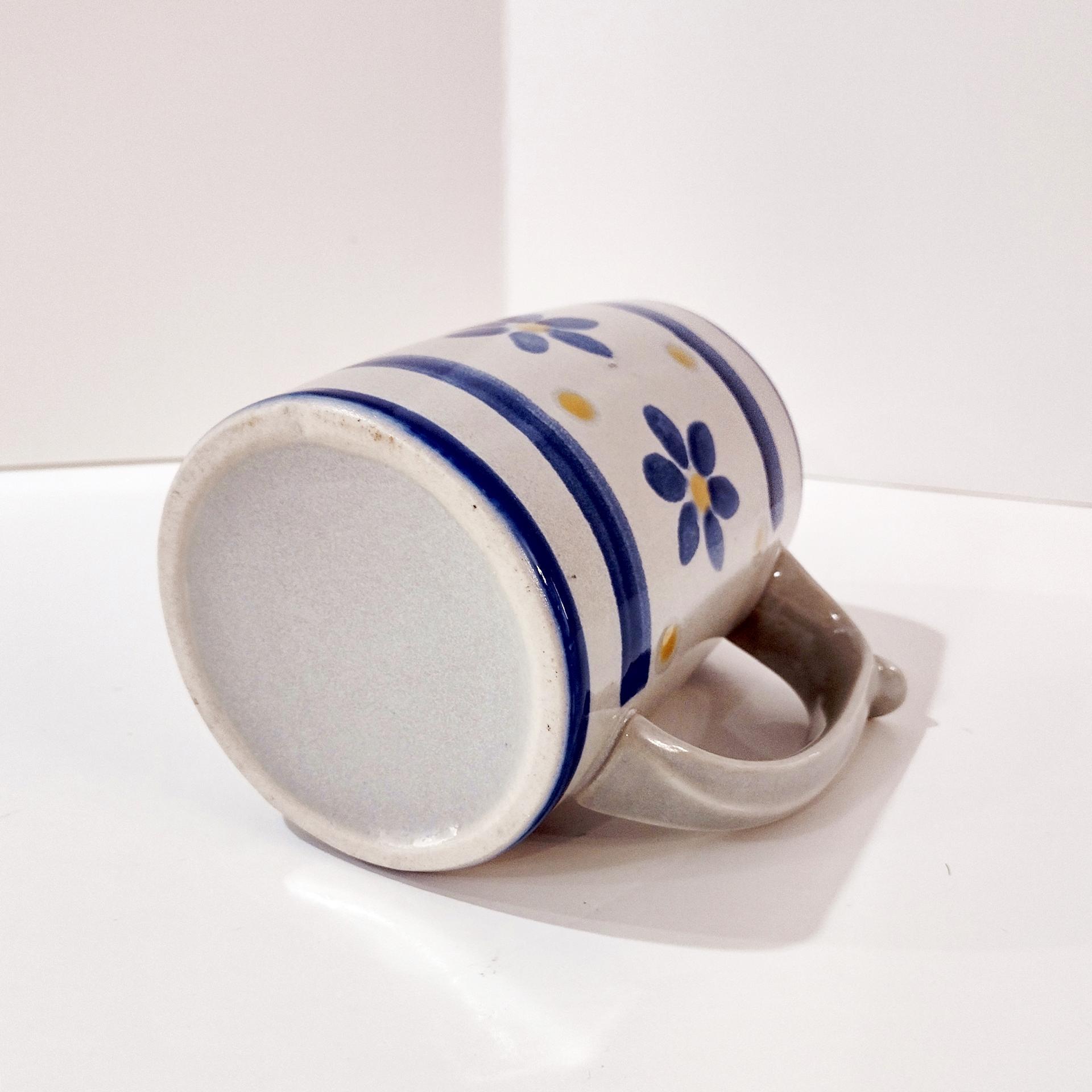 Vintage Blue and Yellow Flower Ceramic Oversized Coffee Tea Mug, Large Handcrafted Pottery Mug