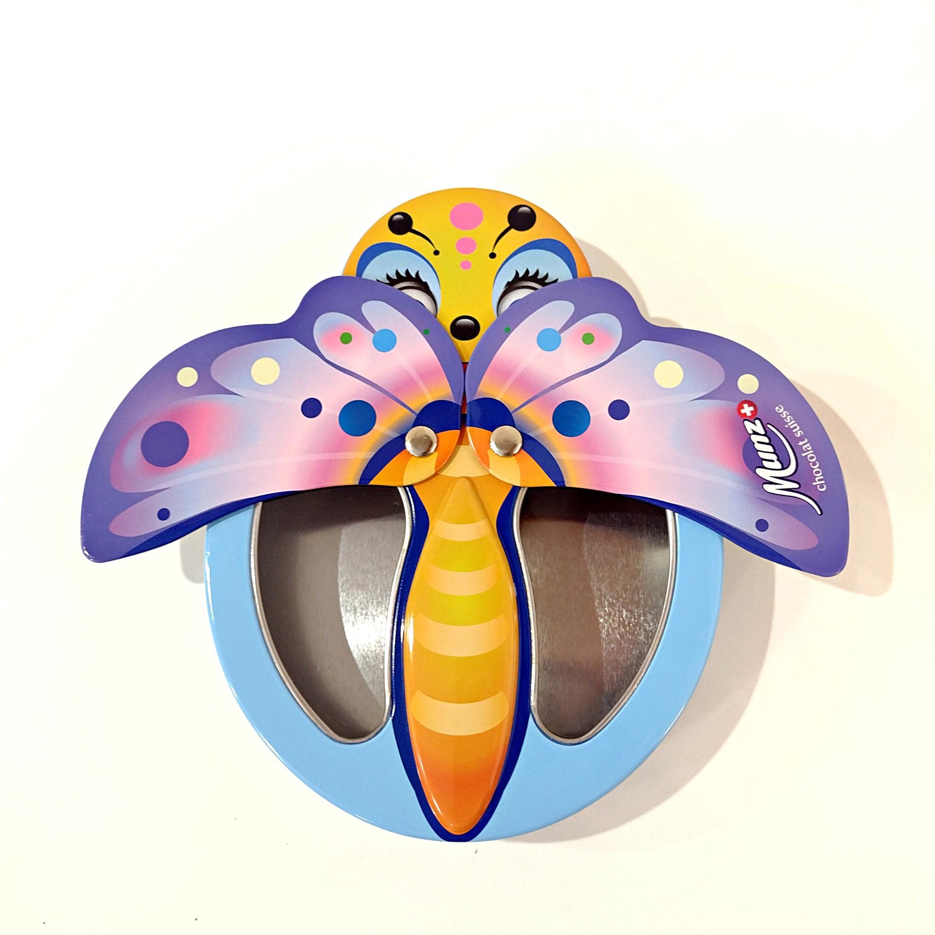 Munz Swiss Chocolates Butterfly Tin Box, Whimsical Storage Tin