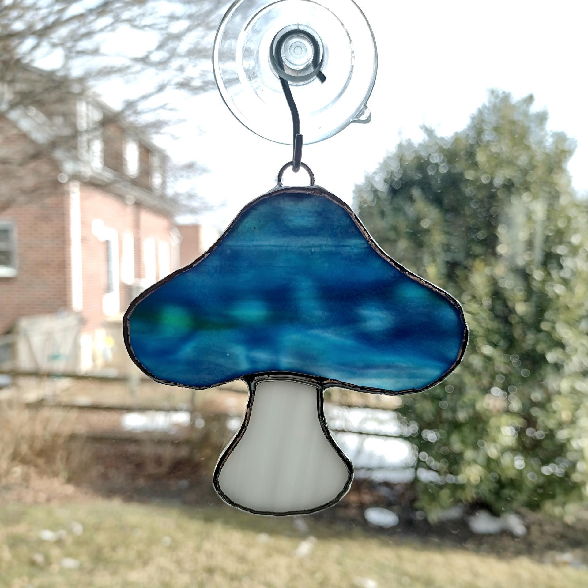 Stained Glass Mushroom Suncatcher, Blue Youghiogheny Glass