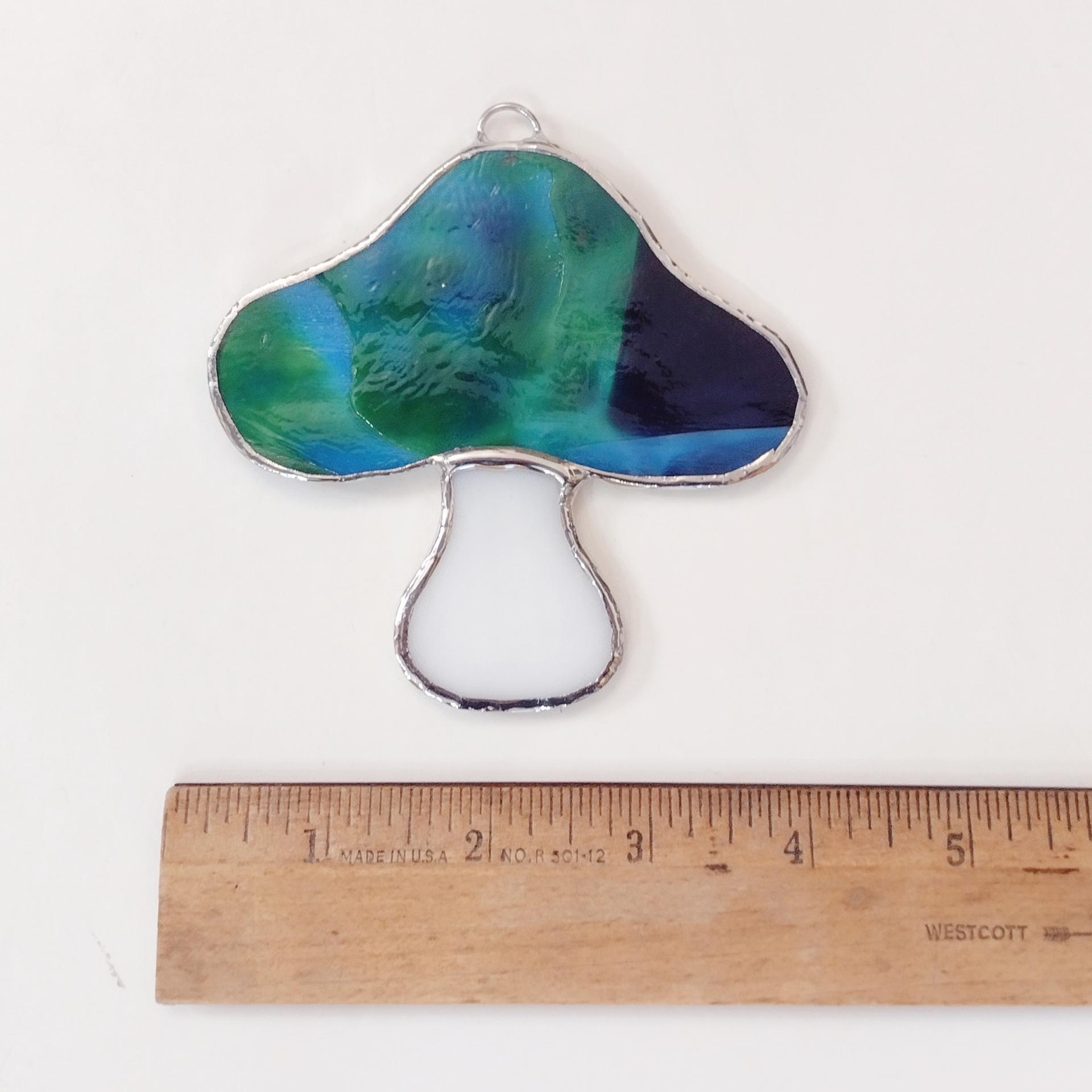 Stained Glass Mushroom Suncatcher, Blue Youghiogheny Glass