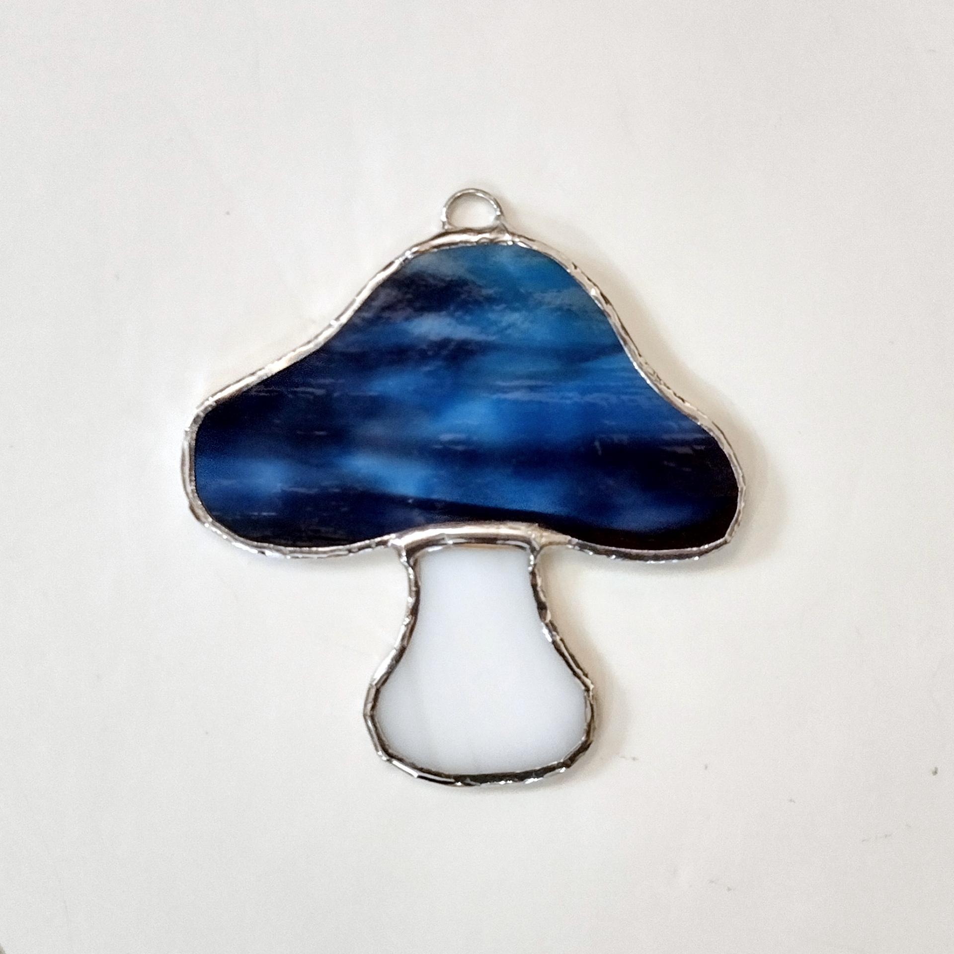 Stained Glass Mushroom Suncatcher, Blue Youghiogheny Glass