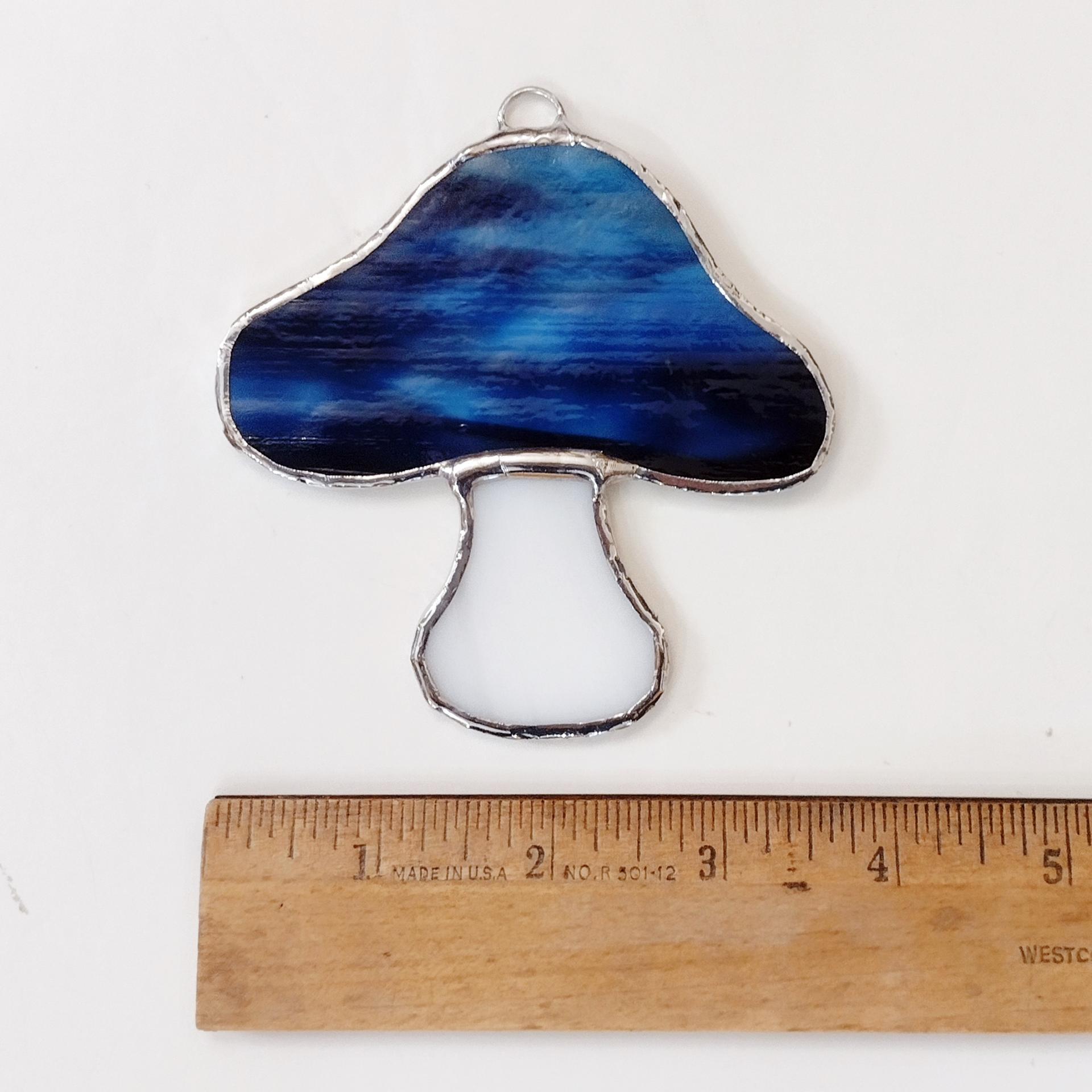 Stained Glass Mushroom Suncatcher, Blue Youghiogheny Glass
