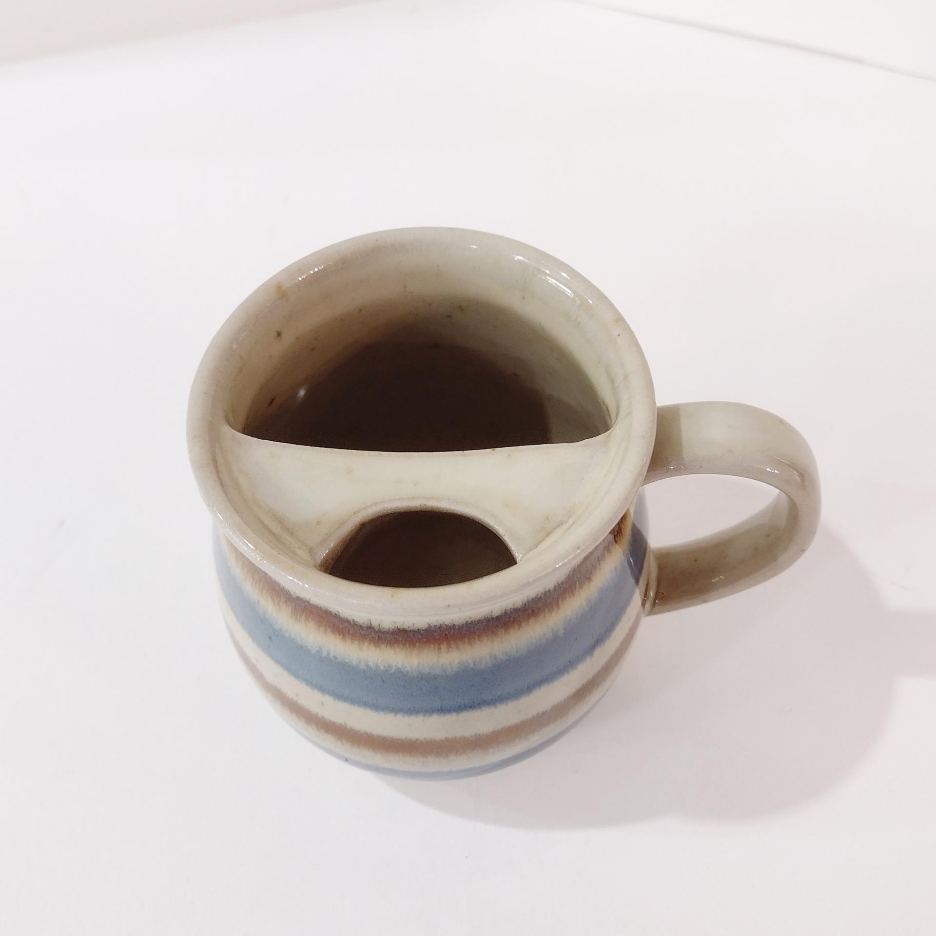 Vintage Ceramic Mustache Mug, Blue and Tan Striped Ceramic Coffee Tea Mug, Right Handed Mustache Mug Cup