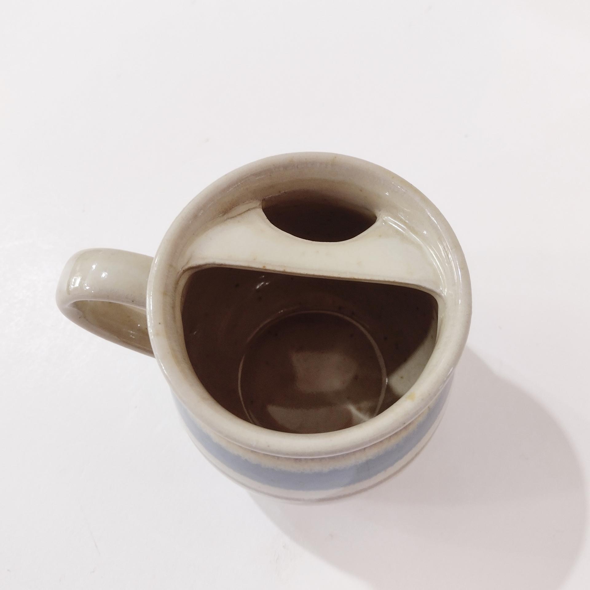 Vintage Ceramic Mustache Mug, Blue and Tan Striped Ceramic Coffee Tea Mug, Right Handed Mustache Mug Cup