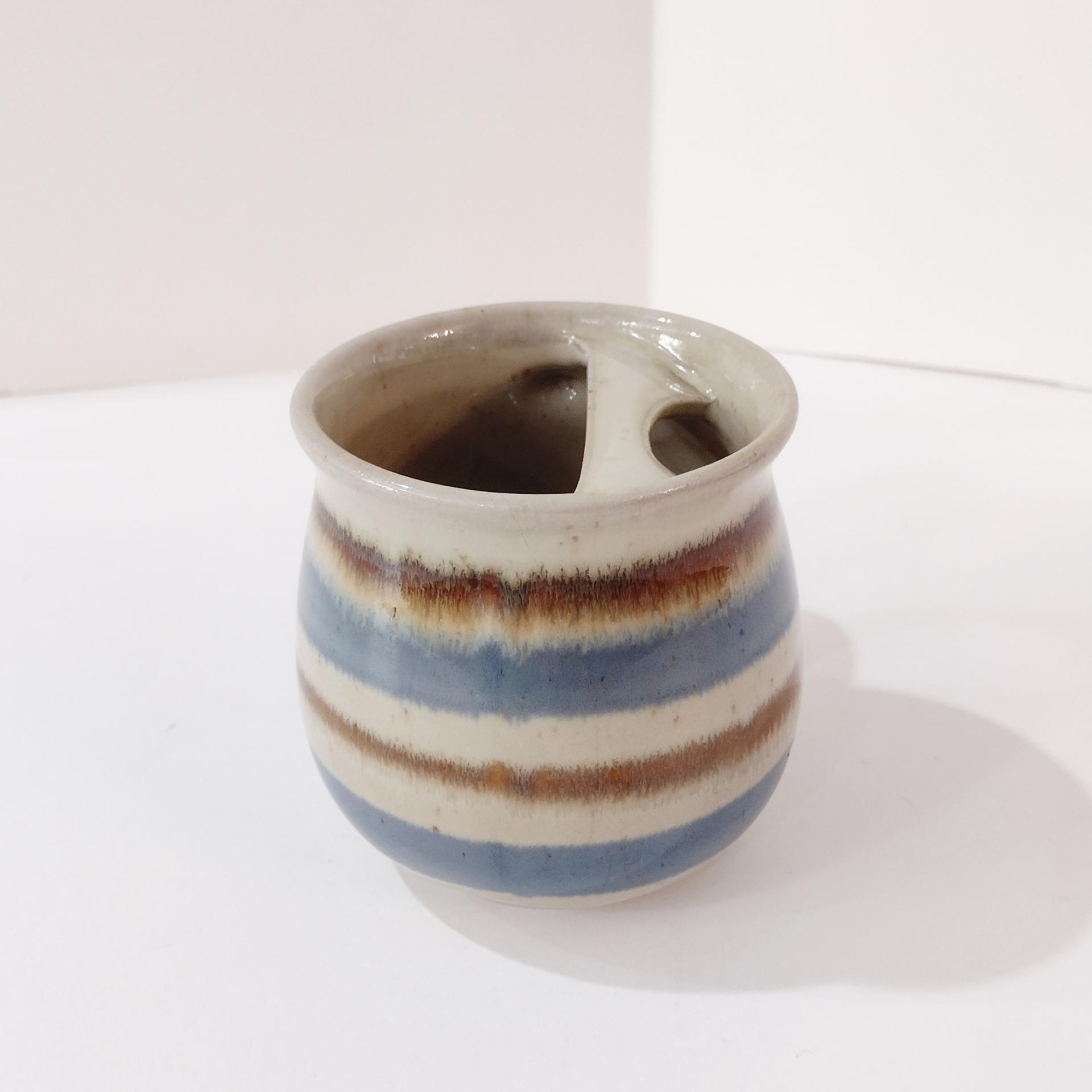 Vintage Ceramic Mustache Mug, Blue and Tan Striped Ceramic Coffee Tea Mug, Right Handed Mustache Mug Cup