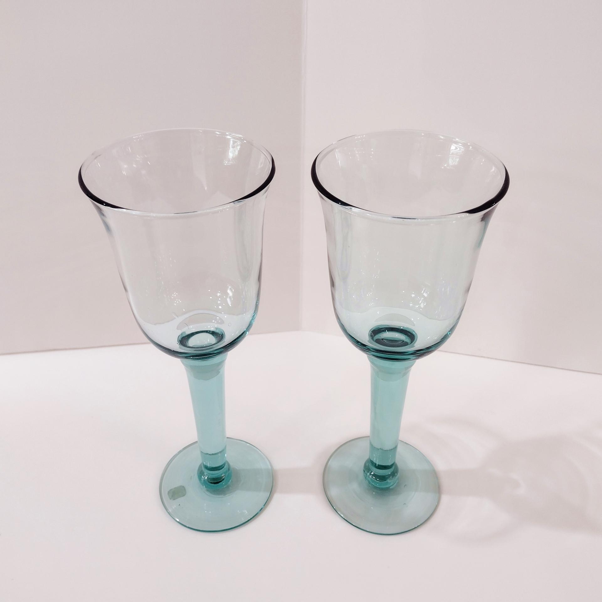 Vintage Mexican Hand Blown Teal Blue Wine Glasses, Set of Two, Tall 10 Ounce Wine Goblets