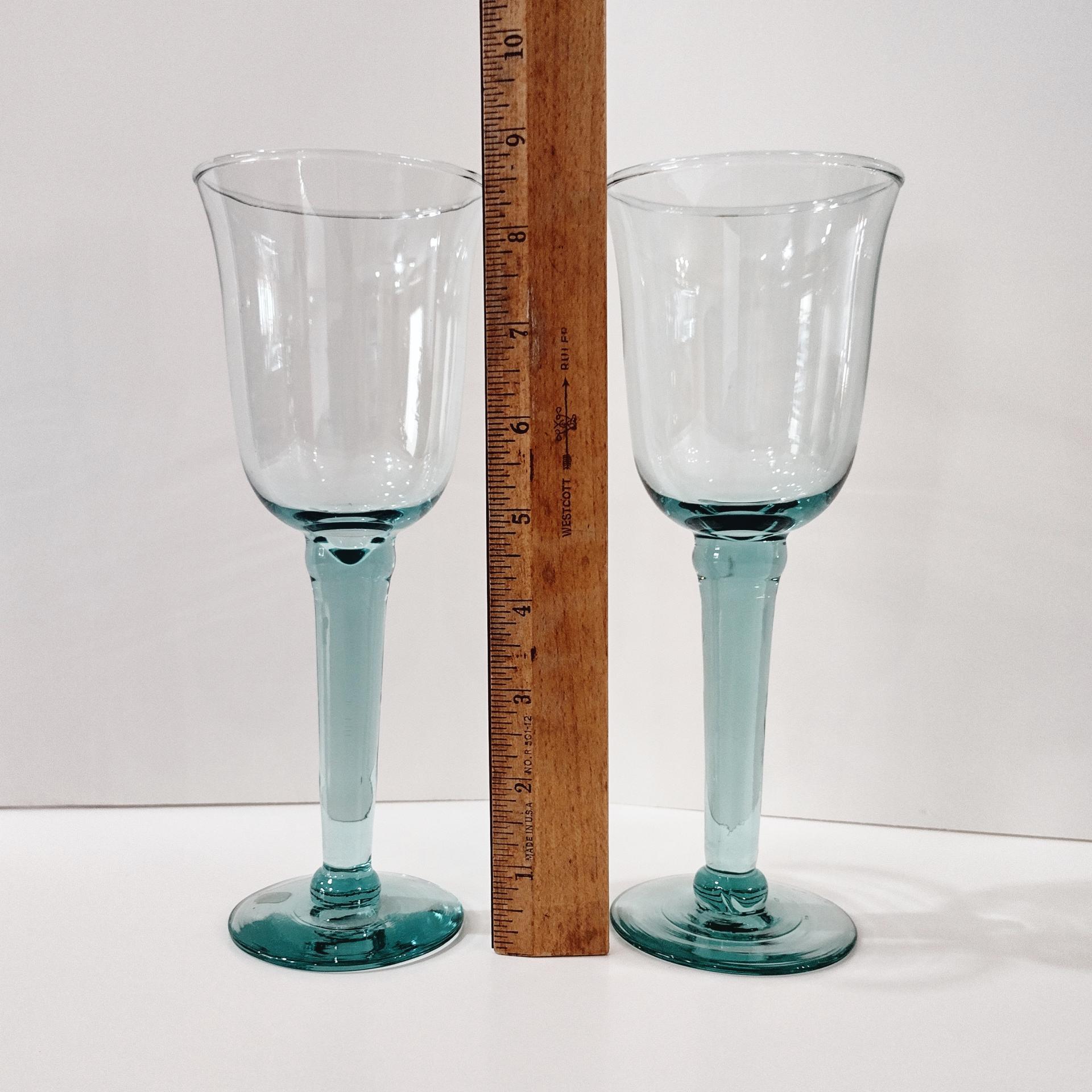 Vintage Mexican Hand Blown Teal Blue Wine Glasses, Set of Two, Tall 10 Ounce Wine Goblets