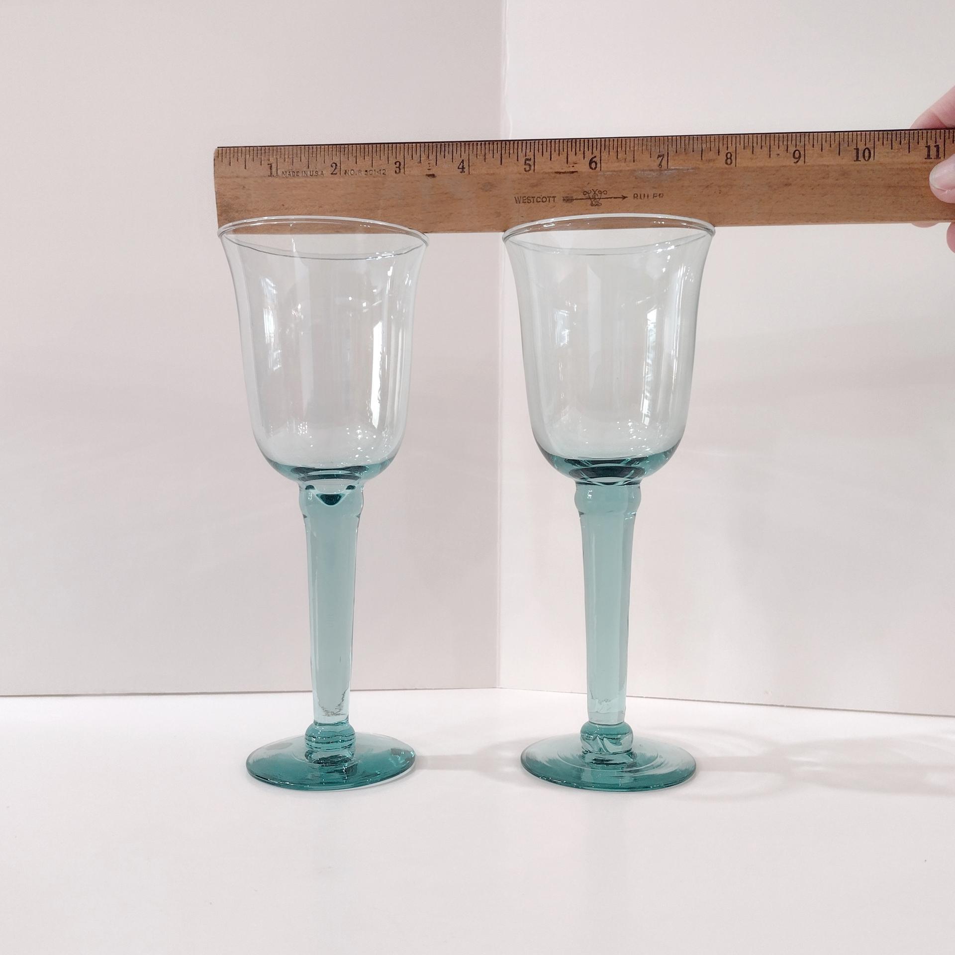 Vintage Mexican Hand Blown Teal Blue Wine Glasses, Set of Two, Tall 10 Ounce Wine Goblets
