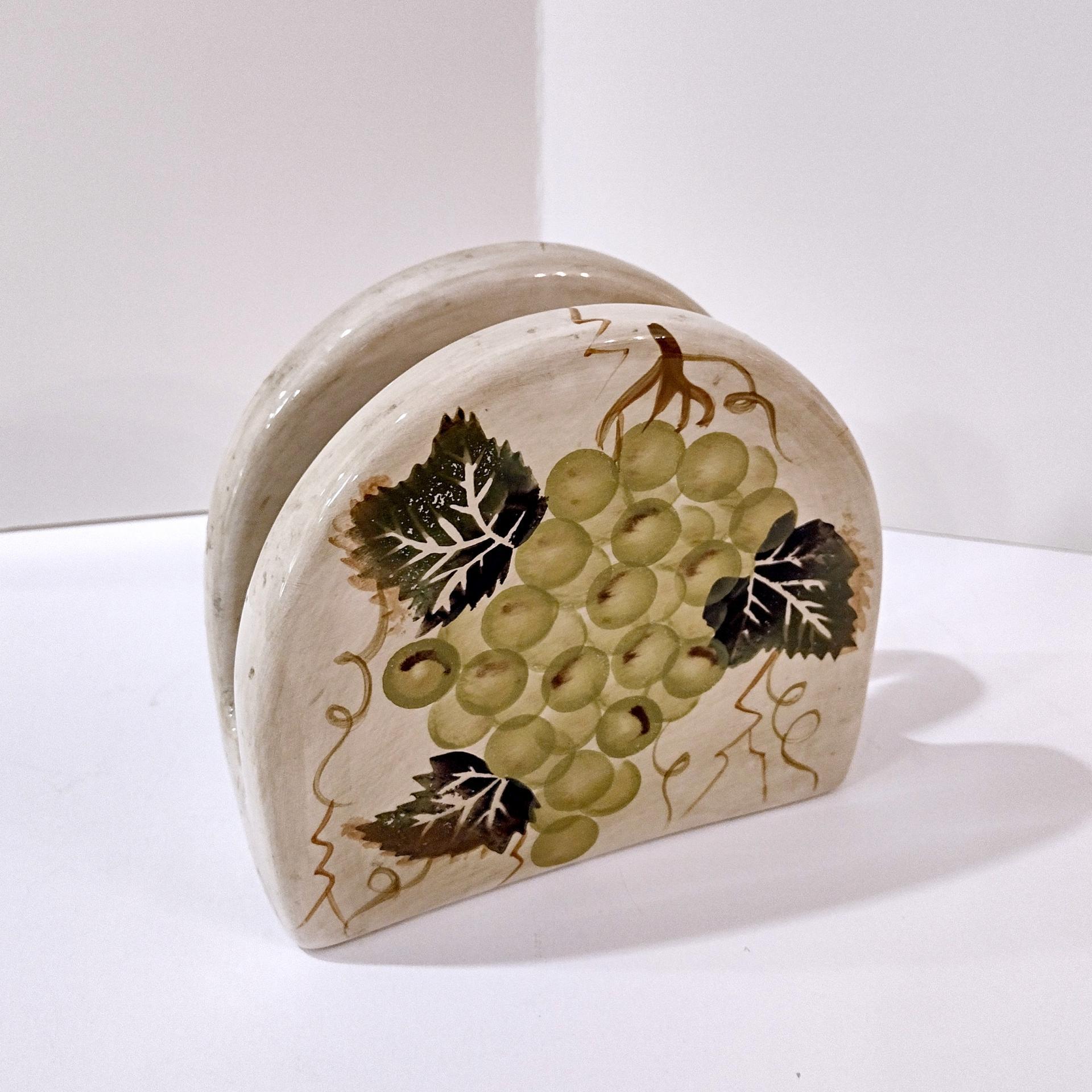 Vintage Purple and Green Grape Cluster Tuscan Style Ceramic Napkin Holder, Hand Painted Pottery