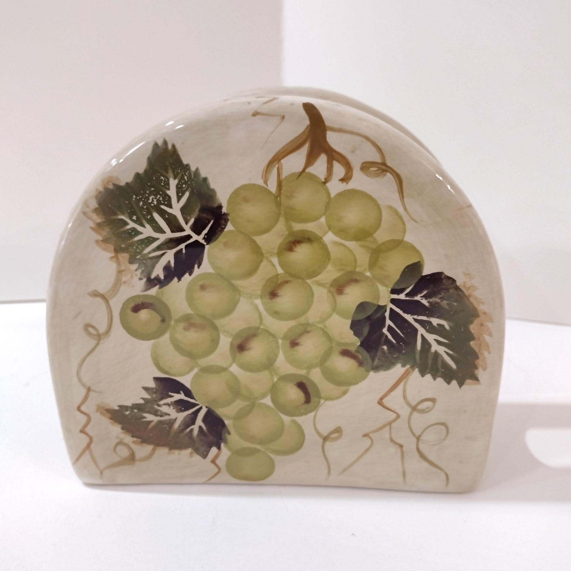 Vintage Purple and Green Grape Cluster Tuscan Style Ceramic Napkin Holder, Hand Painted Pottery