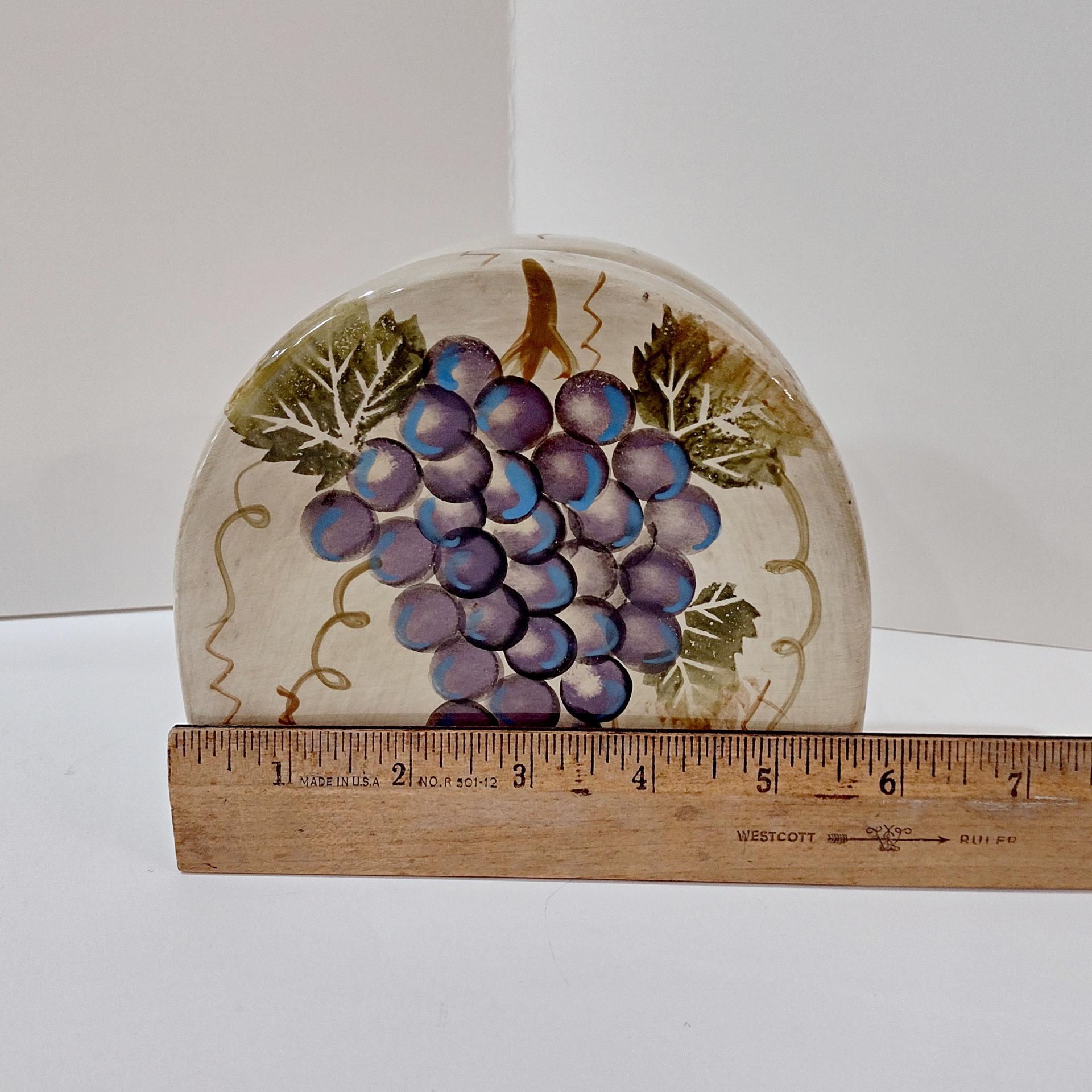 Vintage Purple and Green Grape Cluster Tuscan Style Ceramic Napkin Holder, Hand Painted Pottery