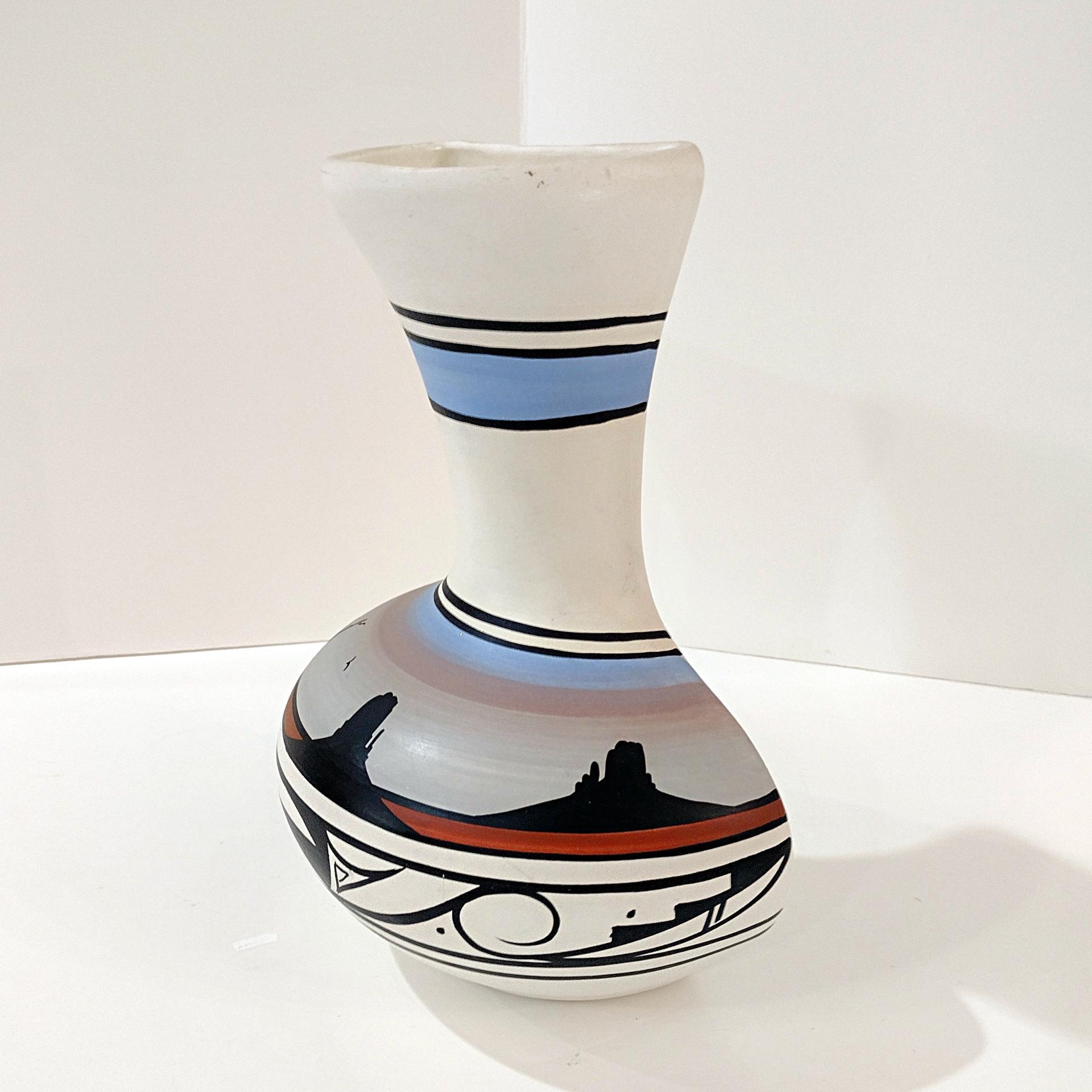 Vintage Native American Navajo Hand Painted Ceramic Wall Vase, Cheryl Maryboy Signed Pottery, Southwestern Style Half Hanging Pocket Vase