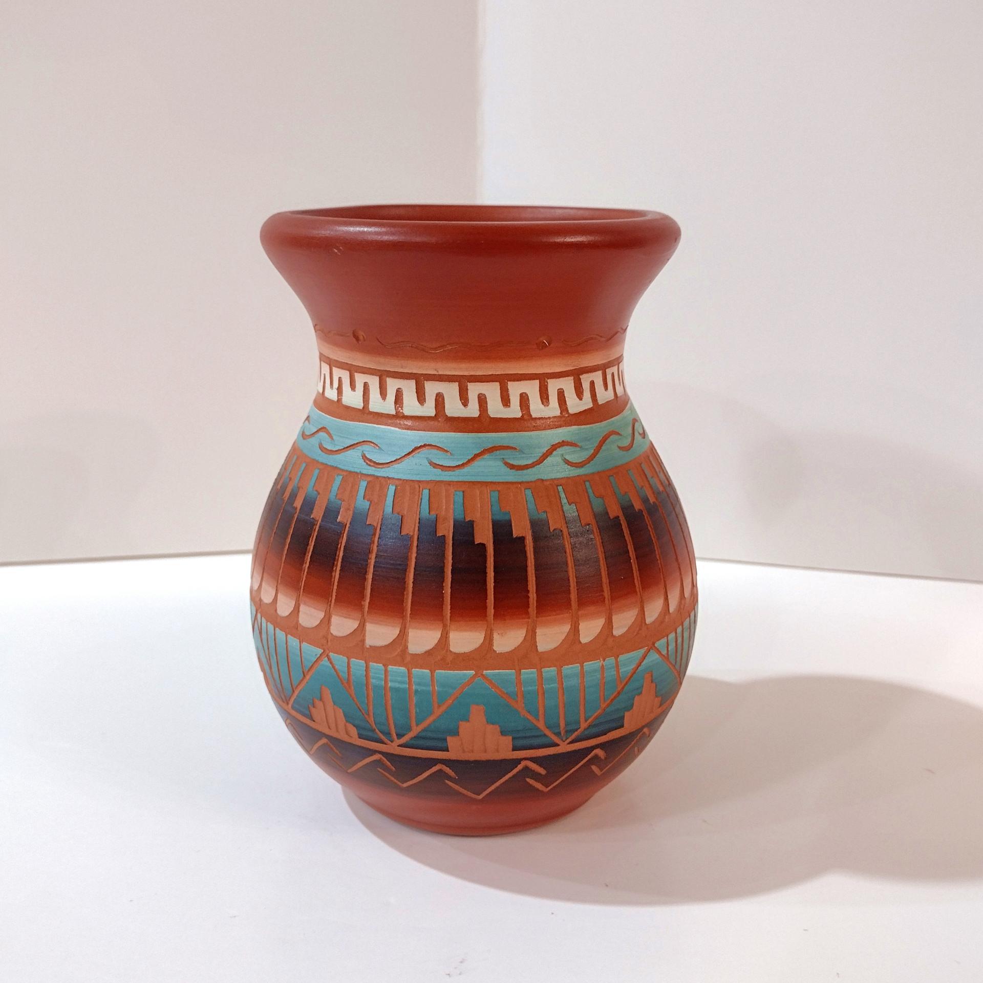 Vintage Navajo Red Clay Etched Hand Crafted Pottery Vase, Authentic Signed Native American Indian Ceramic Pot, New Mexico Art