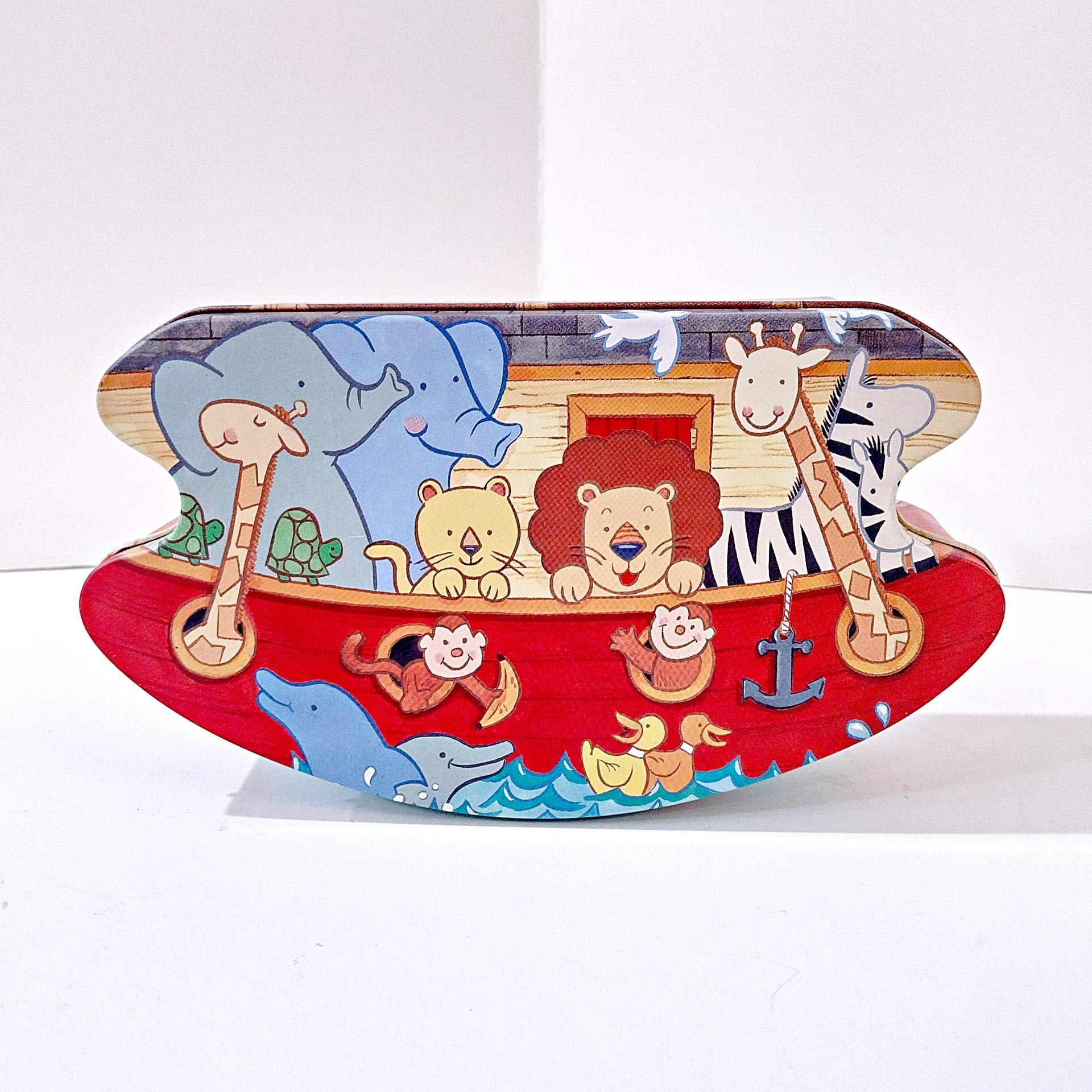 Vintage Wolfgang Candy Noah's Ark Rocking Tin Box Storage Container, Jungle Grahams Animal Motif Cookie Tin