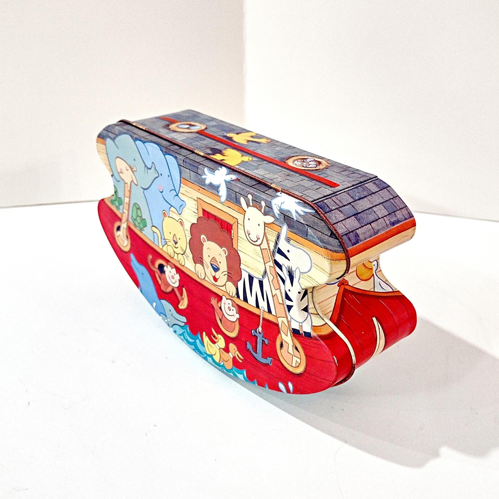 Vintage Wolfgang Candy Noah's Ark Rocking Tin Box Storage Container, Jungle Grahams Animal Motif Cookie Tin