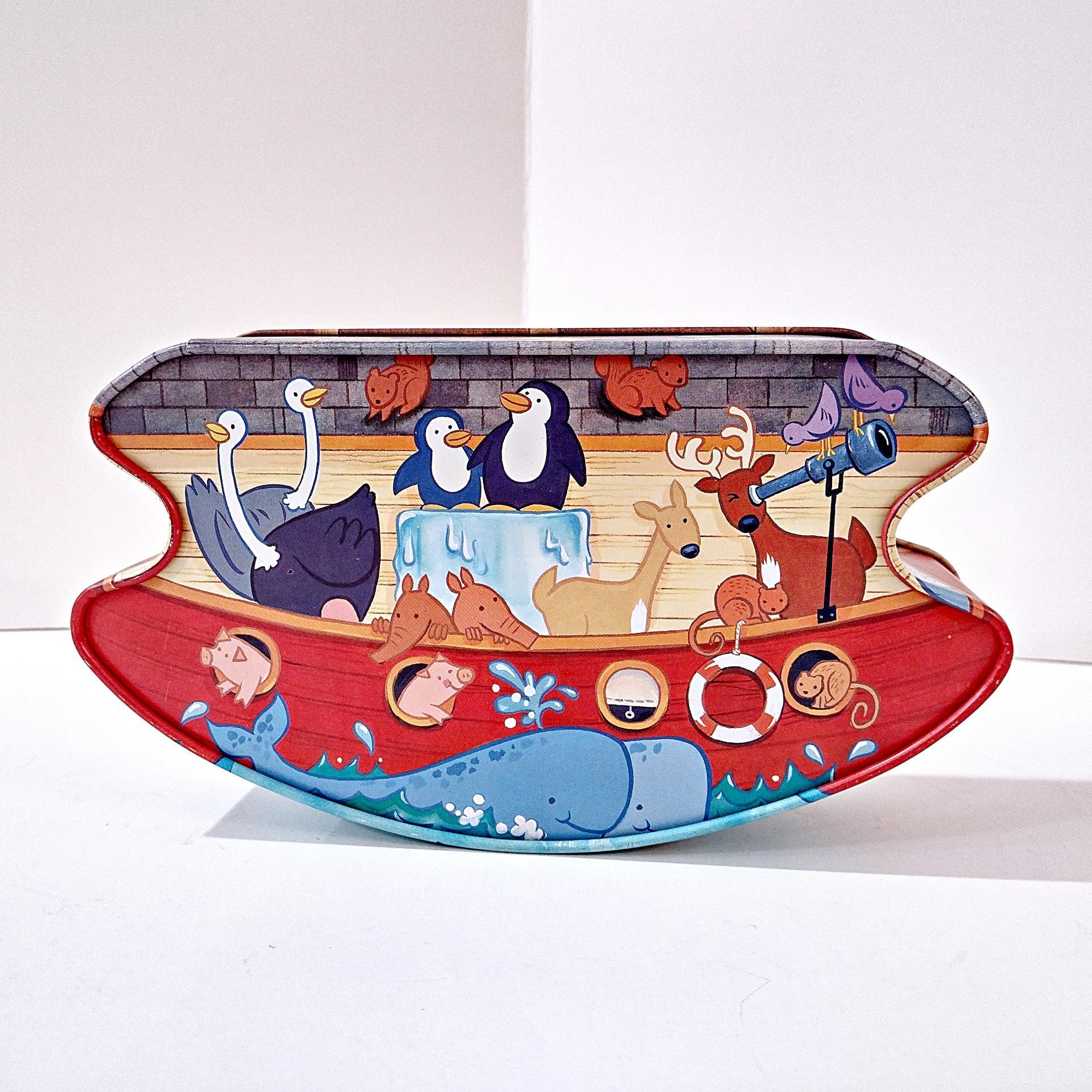 Vintage Wolfgang Candy Noah's Ark Rocking Tin Box Storage Container, Jungle Grahams Animal Motif Cookie Tin