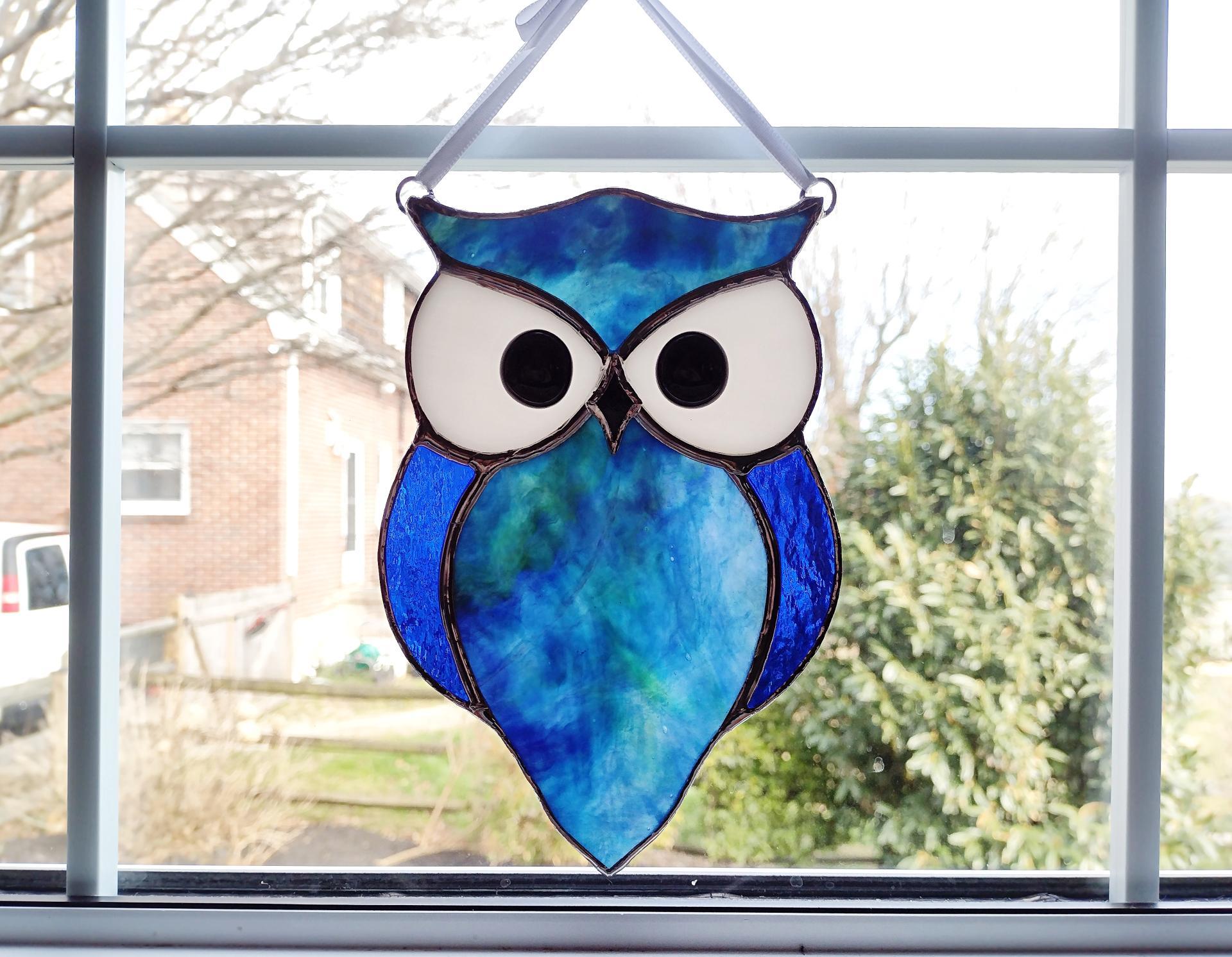Blue Stained Glass Owl Suncatcher