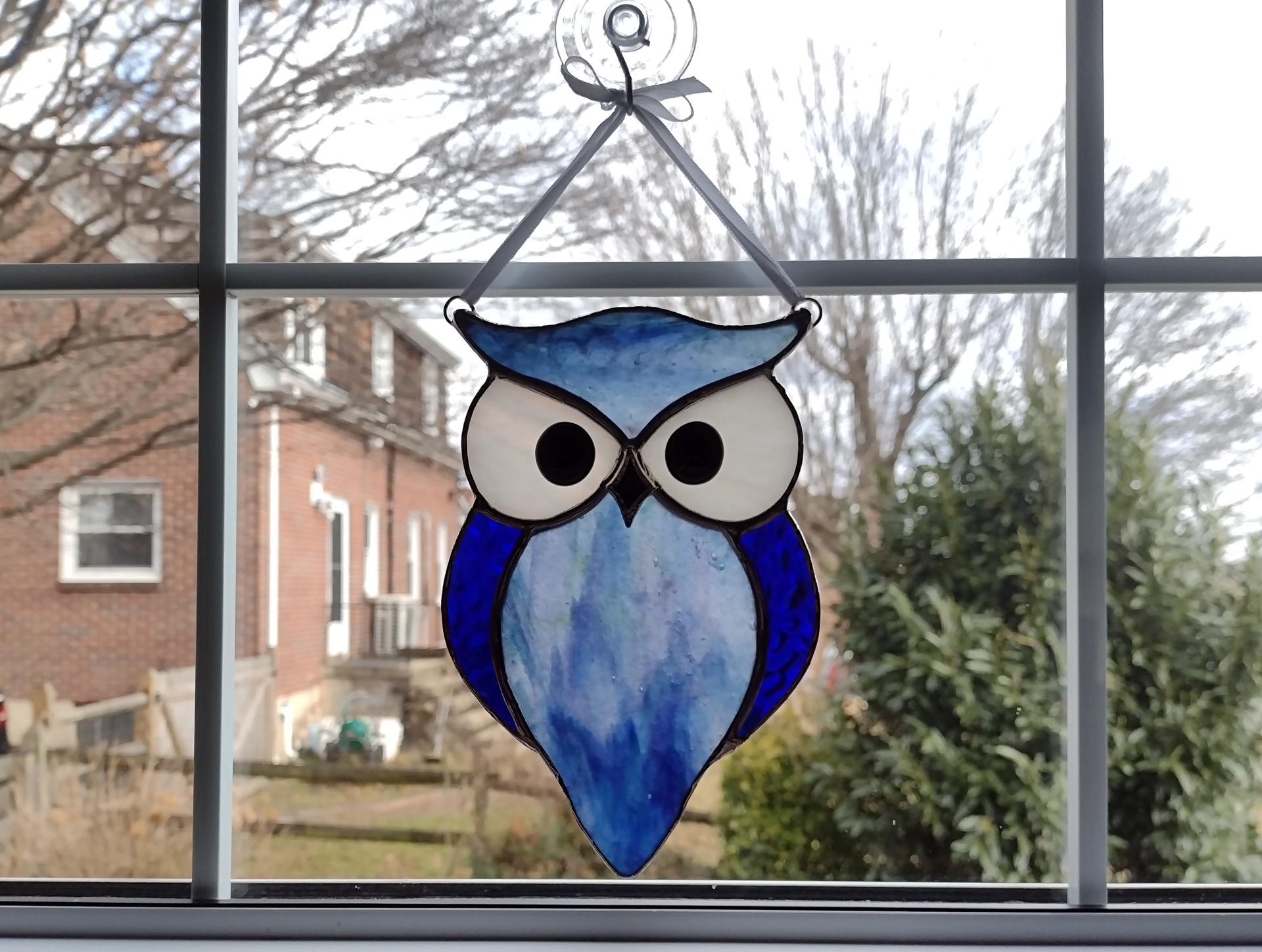 Blue Stained Glass Owl Suncatcher