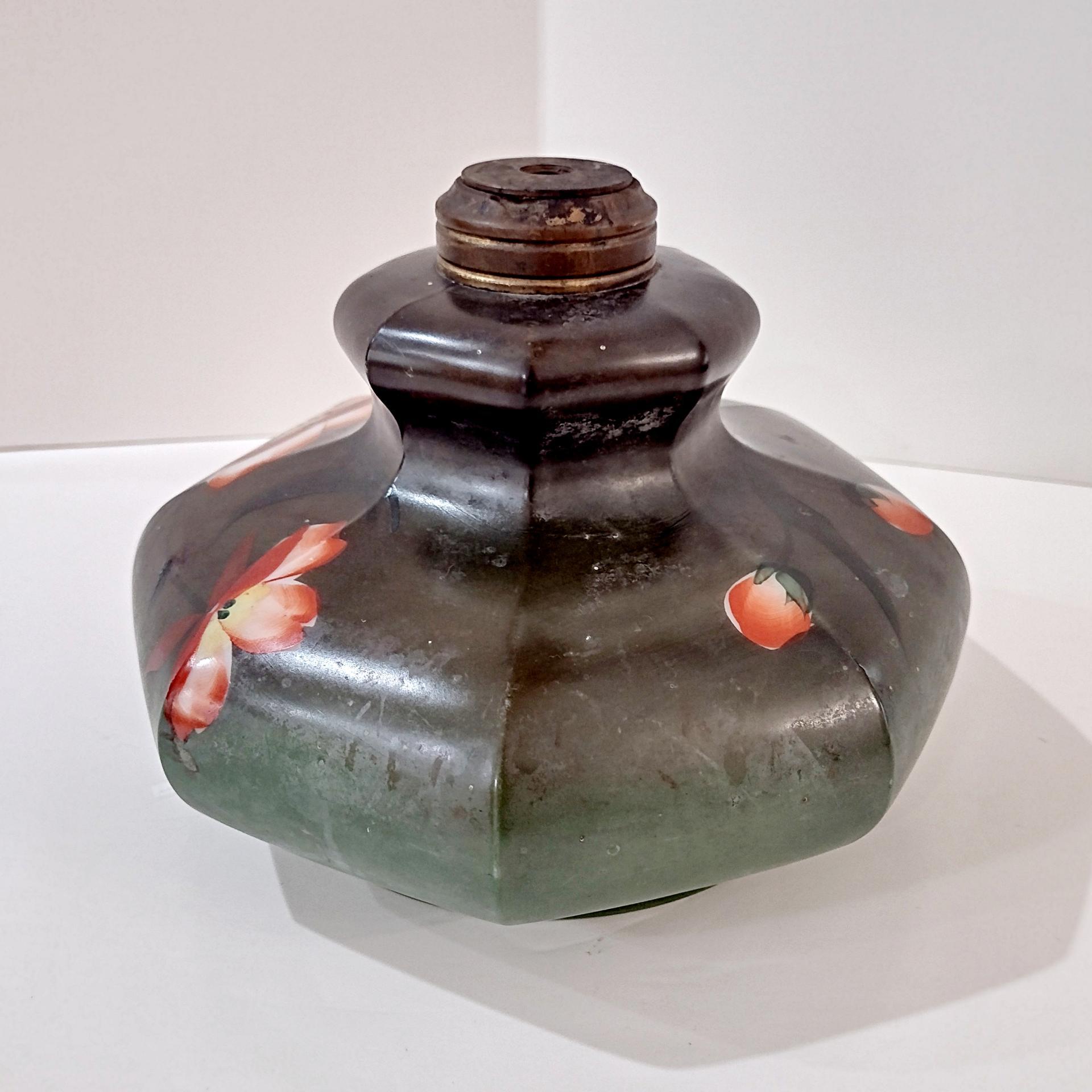 Vintage Green and Pink Floral Hand Painted Milk Glass Oil Lamp Base