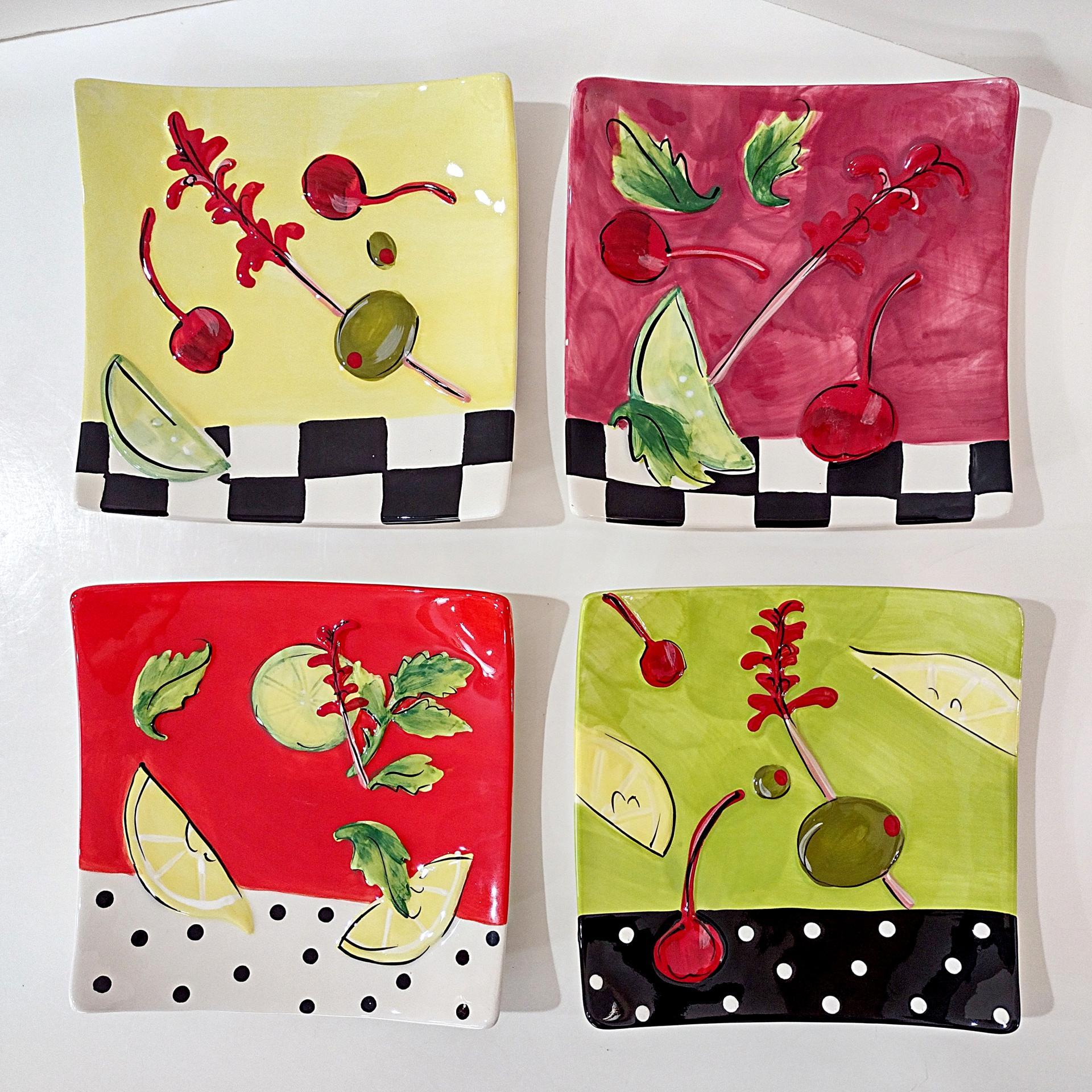 Vintage Cocktail Garnish Themed Square Ceramic Appetizer Plates, Set of 4