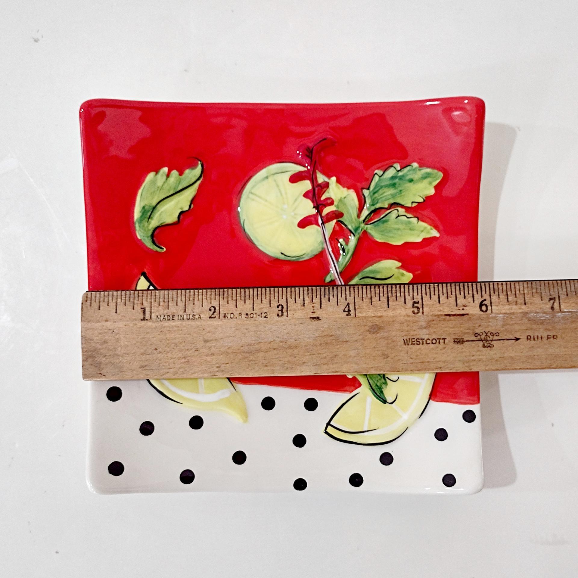 Vintage Cocktail Garnish Themed Square Ceramic Appetizer Plates, Set of 4