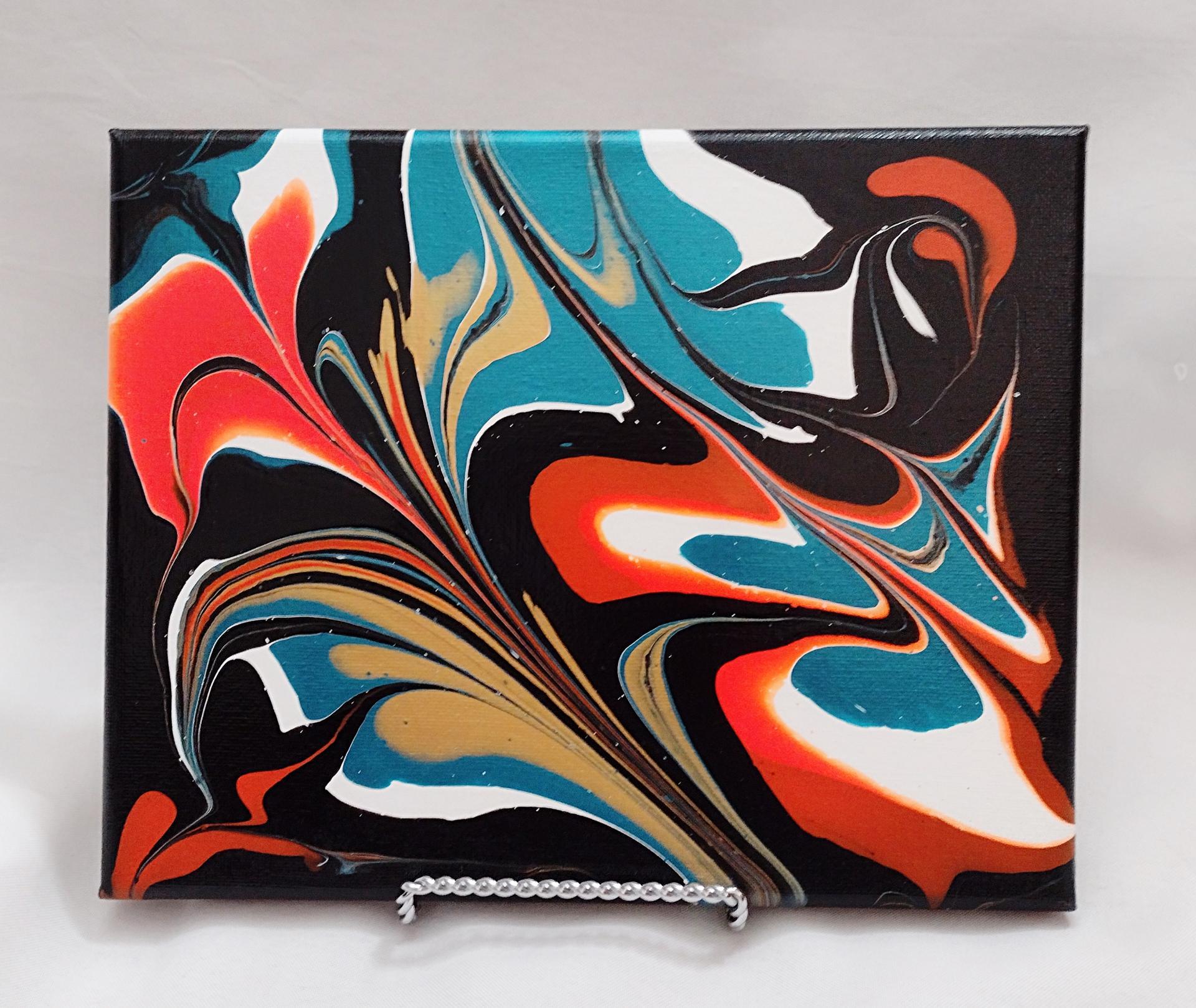 Orange, Blue, Black, and Gold Abstract Original Acrylic Pour Painting, 8" x 10", Fluid Art Painting