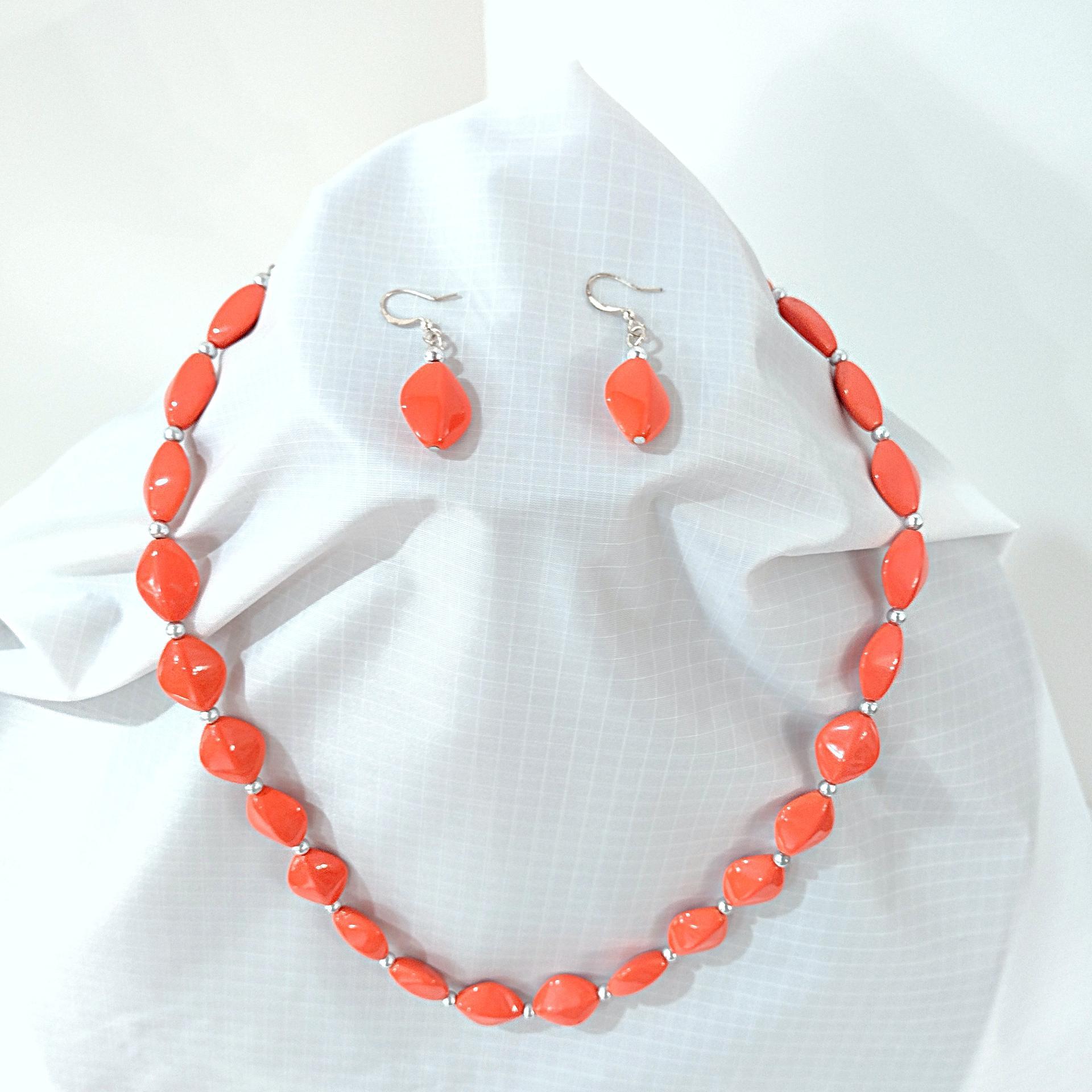 Vintage Orange Beaded Necklace and Earring Set with Silver Colored Adjustable Chain
