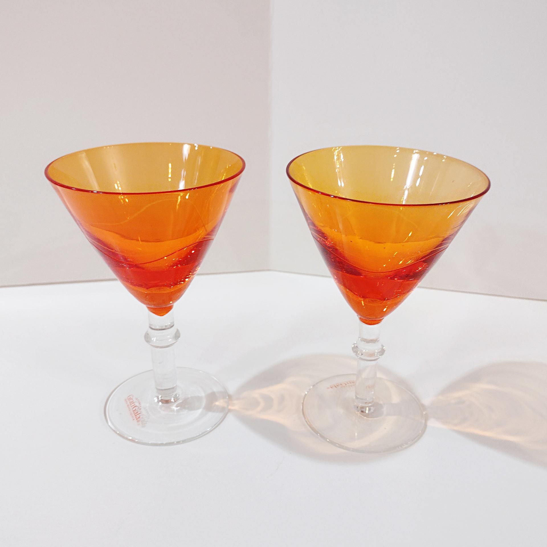 Vintage Orange Martini Cocktail Glasses, Set of Two, Gran Gala Triple Orange Liqueur Advertising Glasses