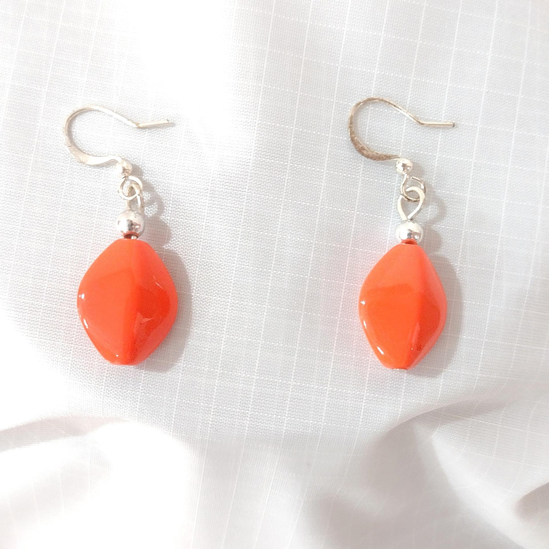 Vintage Orange Beaded Necklace and Earring Set with Silver Colored Adjustable Chain