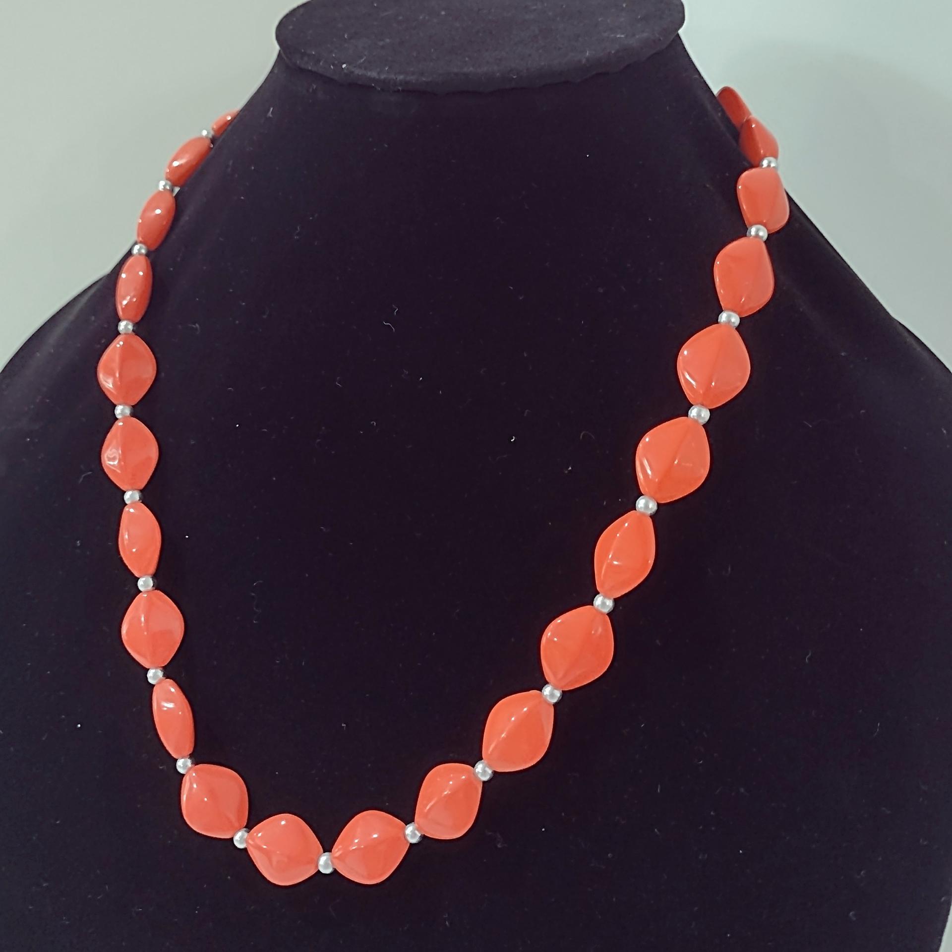 Vintage Orange Beaded Necklace and Earring Set with Silver Colored Adjustable Chain