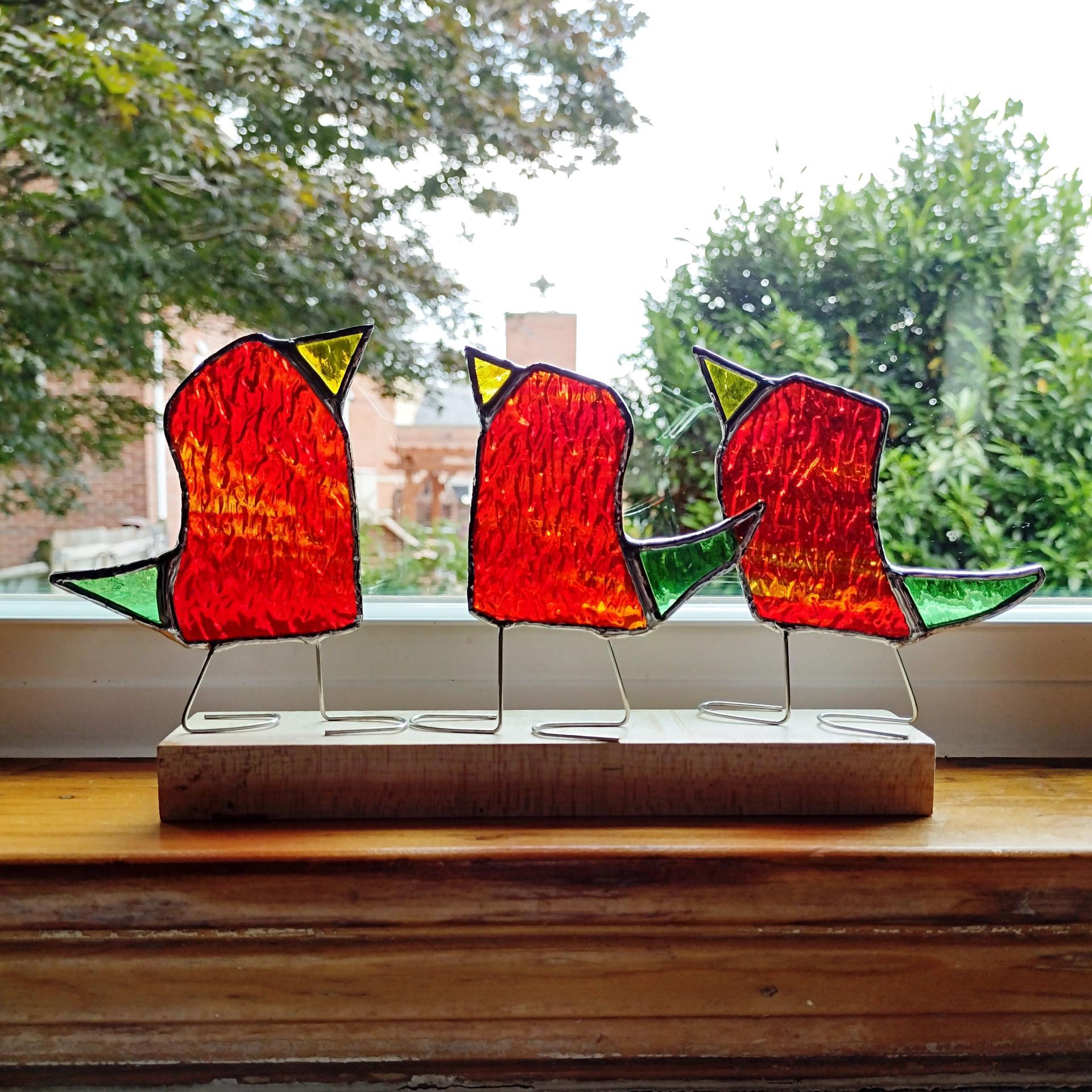 Stained Glass Standing Birds, Set of Three, Orange, Green, and Yellow Glass Birds