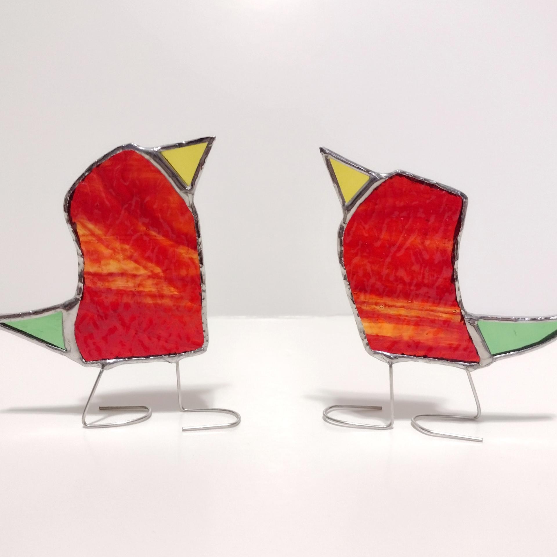Stained Glass Standing Birds, Set of Three, Orange, Green, and Yellow Glass Birds
