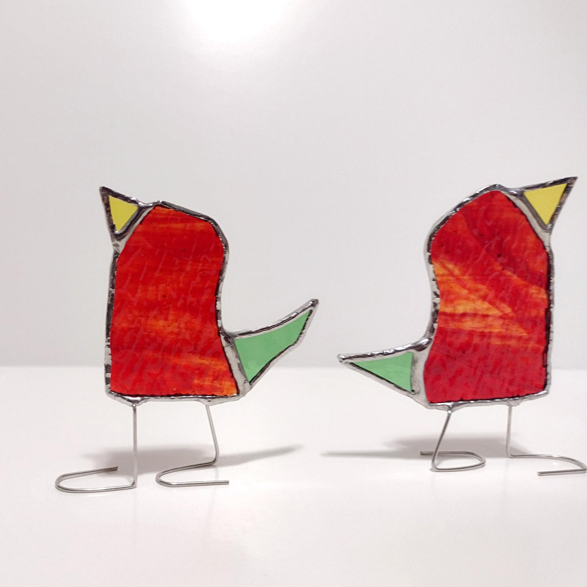 Stained Glass Standing Birds, Set of Three, Orange, Green, and Yellow Glass Birds
