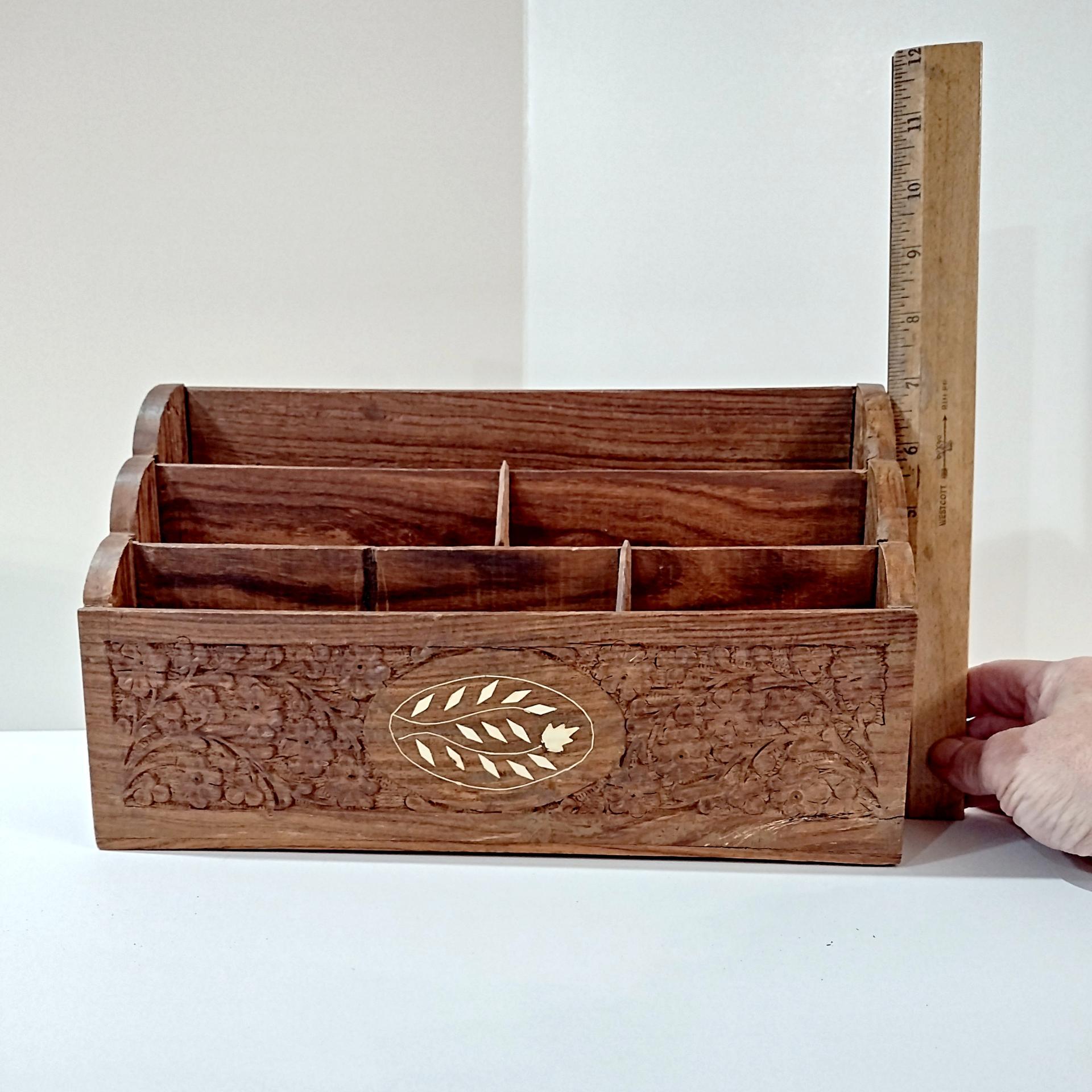 Vintage Carved Wooden Desk Organizer Caddy, Letter Note Holder, Made in India