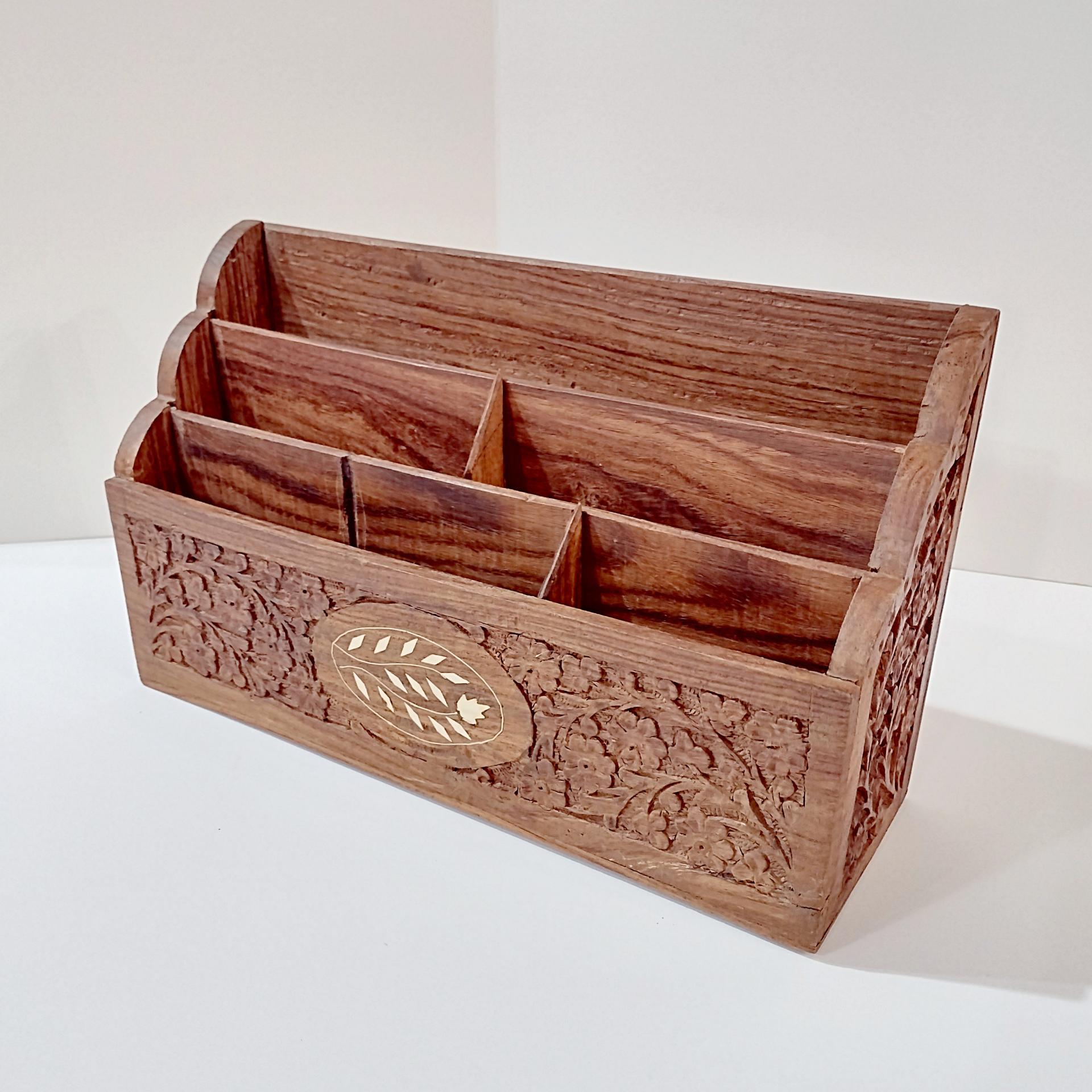 Vintage Carved Wooden Desk Organizer Caddy, Letter Note Holder, Made in India